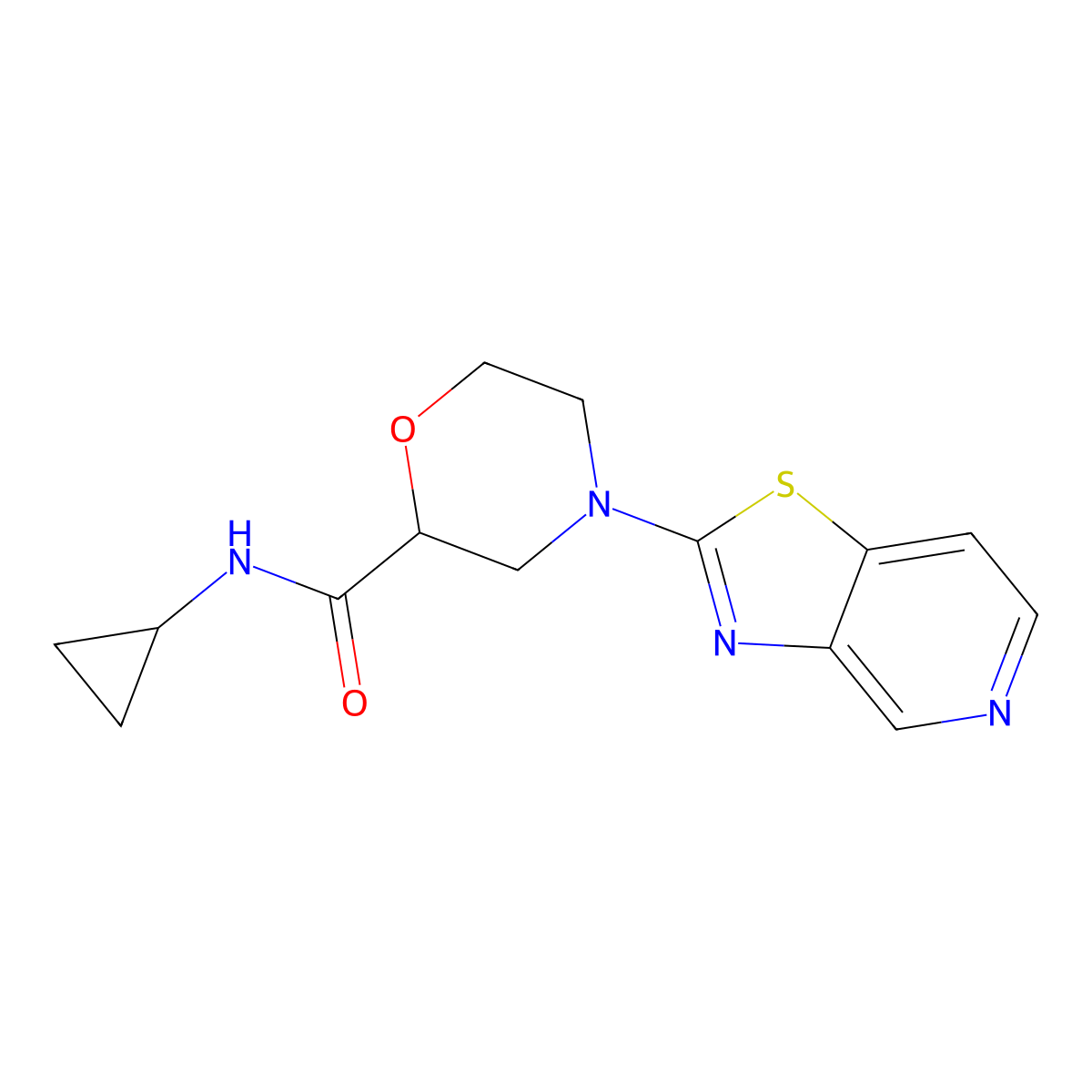 N-cyclopropyl-4-{[1,3]thiazolo[4,5-c]pyridin-2-yl}morpholine-2-carboxamide molecular structure, CAS 2640861-29-4