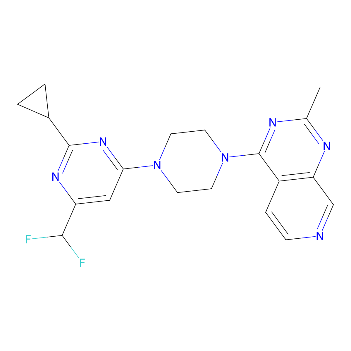 2-Cyclopropyl-4-(difluoromethyl)-6-(4-{2-methylpyrido[3,4-d]pyrimidin-4-yl}piperazin-1-yl)pyrimidine molecular structure, CAS 2640861-34-1