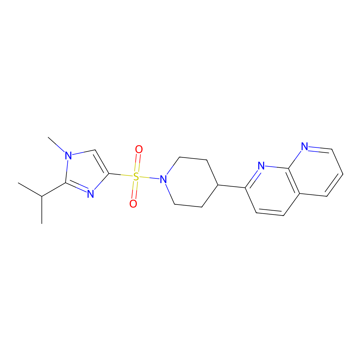 2-(1-{[1-methyl-2-(propan-2-yl)-1H-imidazol-4-yl]sulfonyl}piperidin-4-yl)-1,8-naphthyridine molecular structure, CAS 2640861-39-6