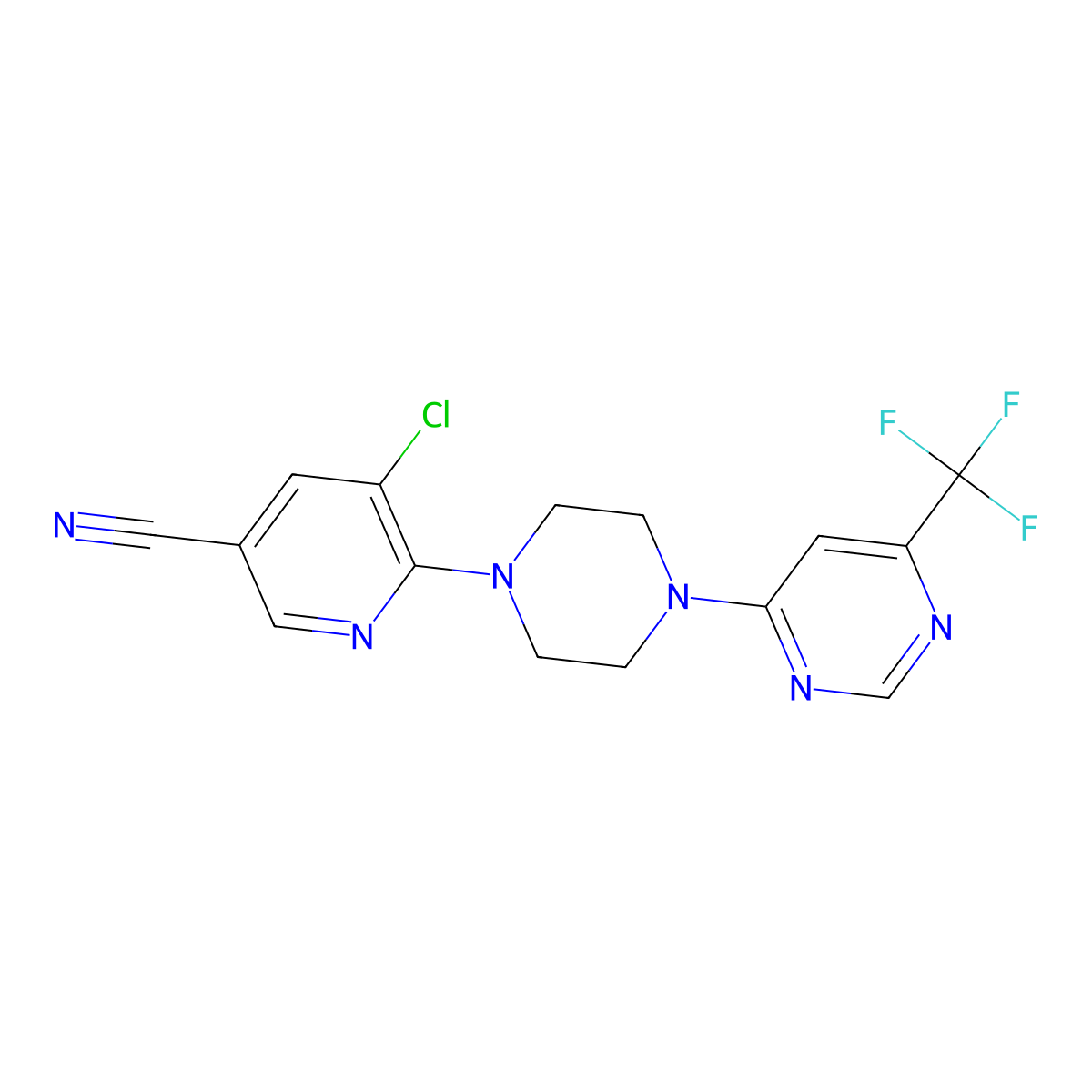 5-Chloro-6-{4-[6-(trifluoromethyl)pyrimidin-4-yl]piperazin-1-yl}pyridine-3-carbonitrile molecular structure, CAS 2640861-41-0