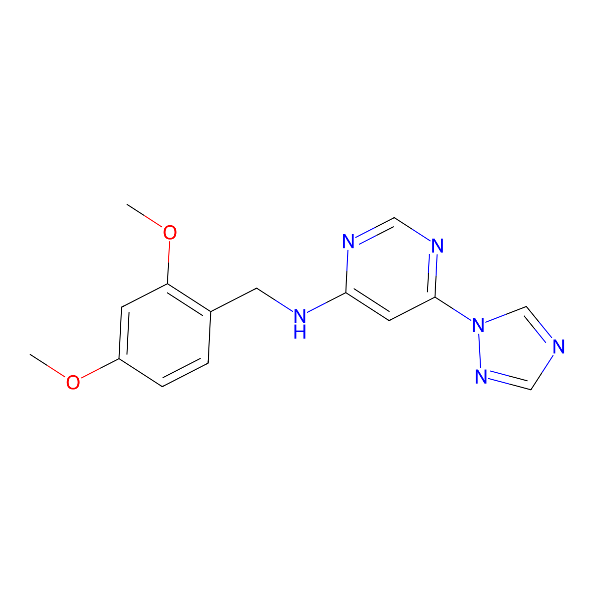 N-[(2,4-dimethoxyphenyl)methyl]-6-(1H-1,2,4-triazol-1-yl)pyrimidin-4-amine molecular structure, CAS 2640861-47-6