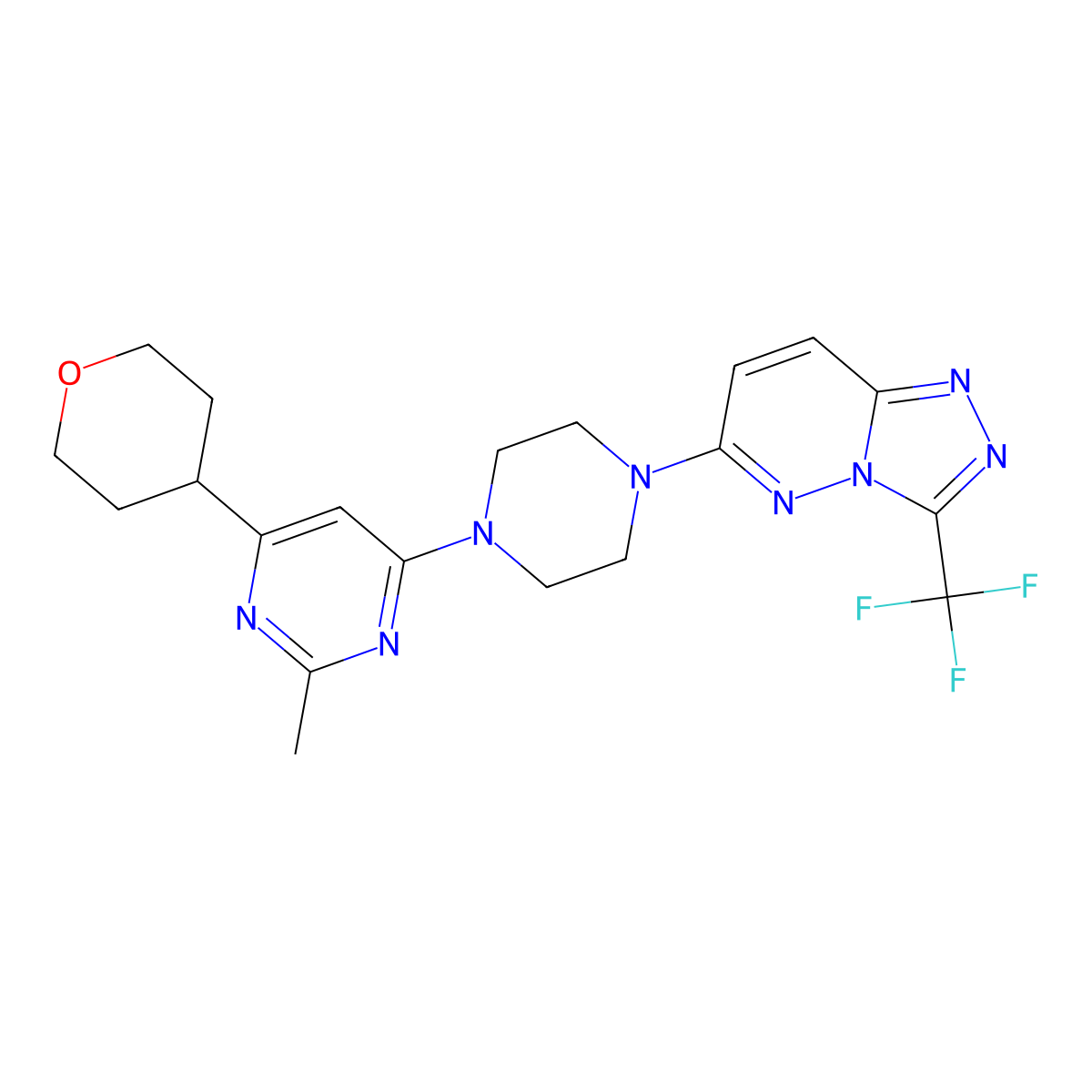 2-Methyl-4-(oxan-4-yl)-6-{4-[3-(trifluoromethyl)-[1,2,4]triazolo[4,3-b]pyridazin-6-yl]piperazin-1-yl}pyrimidine molecular structure, CAS 2640861-53-4