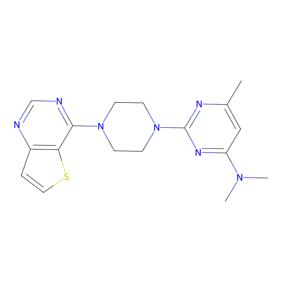N,N,6-trimethyl-2-(4-{thieno[3,2-d]pyrimidin-4-yl}piperazin-1-yl)pyrimidin-4-amine molecular structure, CAS 2640861-66-9