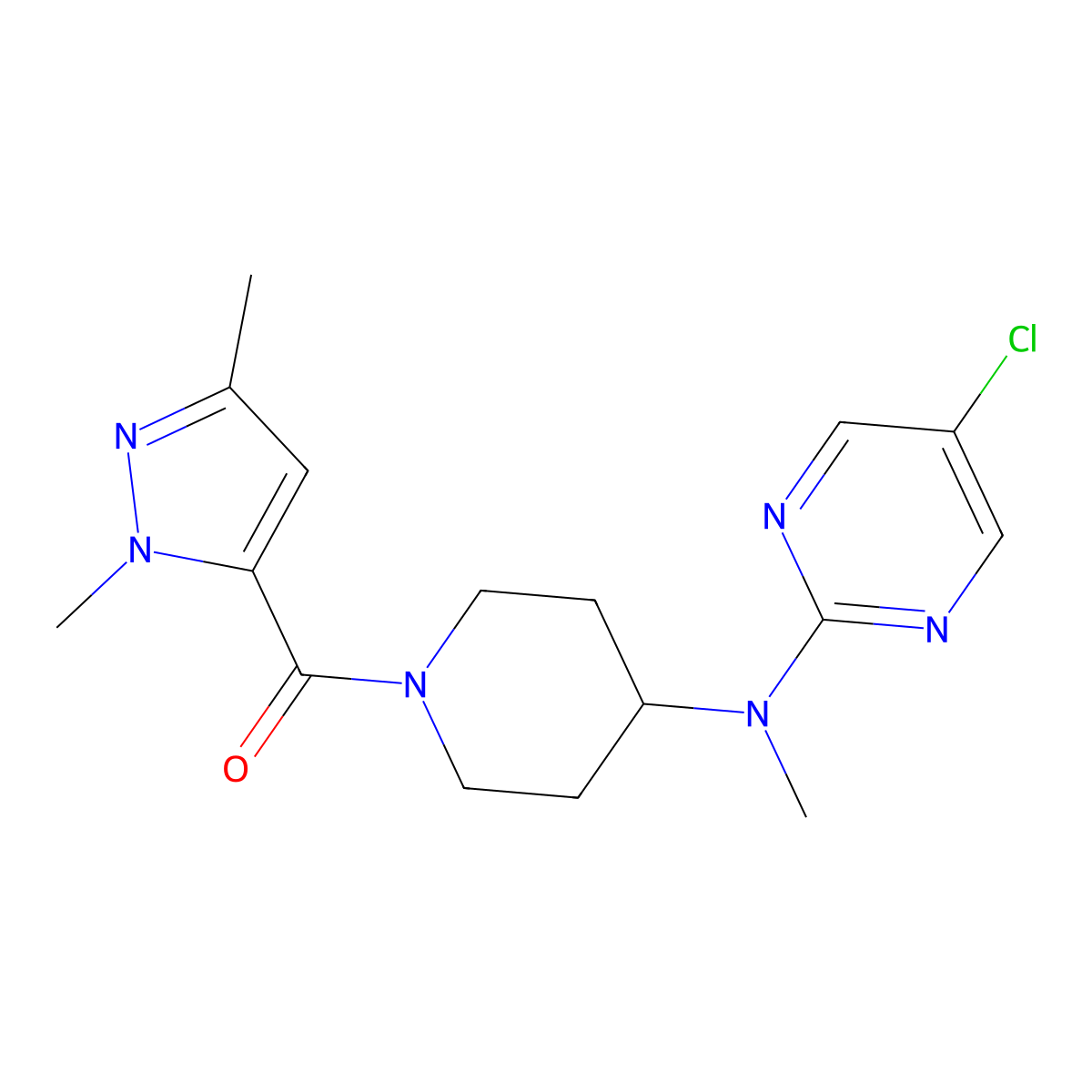 5-chloro-N-[1-(1,3-dimethyl-1H-pyrazole-5-carbonyl)piperidin-4-yl]-N-methylpyrimidin-2-amine molecular structure, CAS 2640861-68-1