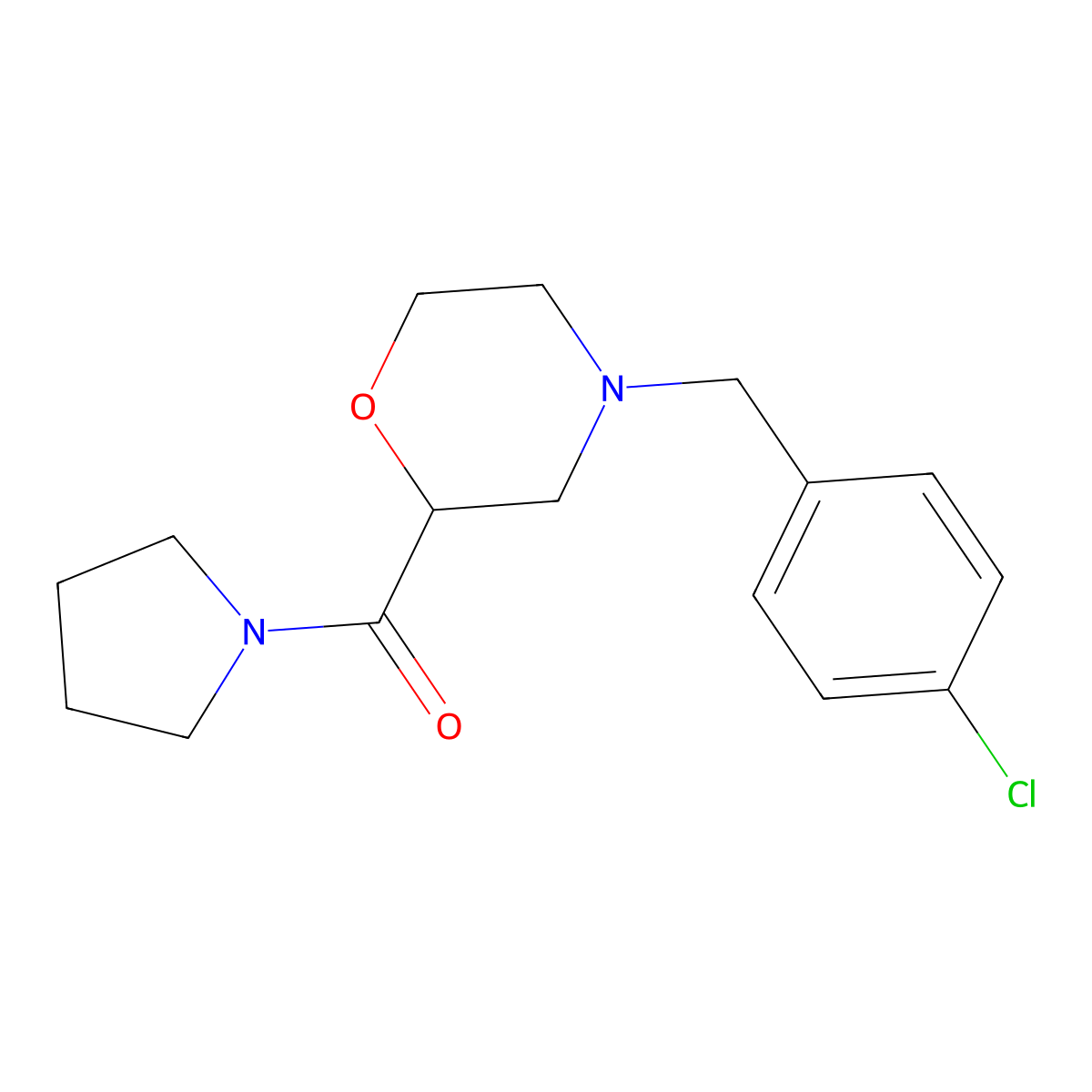 4-[(4-Chlorophenyl)methyl]-2-(pyrrolidine-1-carbonyl)morpholine molecular structure, CAS 2640861-82-9