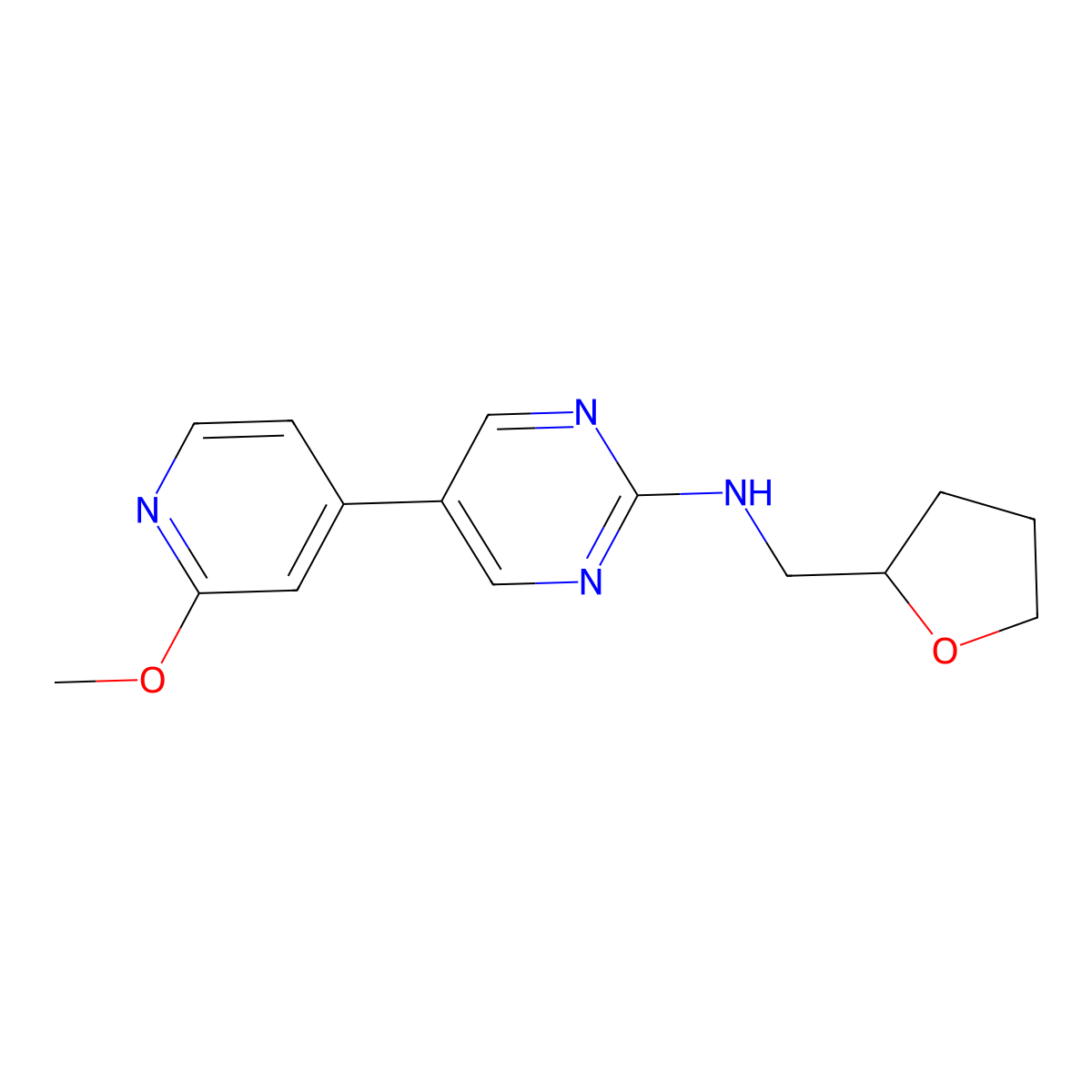 5-(2-methoxypyridin-4-yl)-N-[(oxolan-2-yl)methyl]pyrimidin-2-amine molecular structure, CAS 2640861-88-5