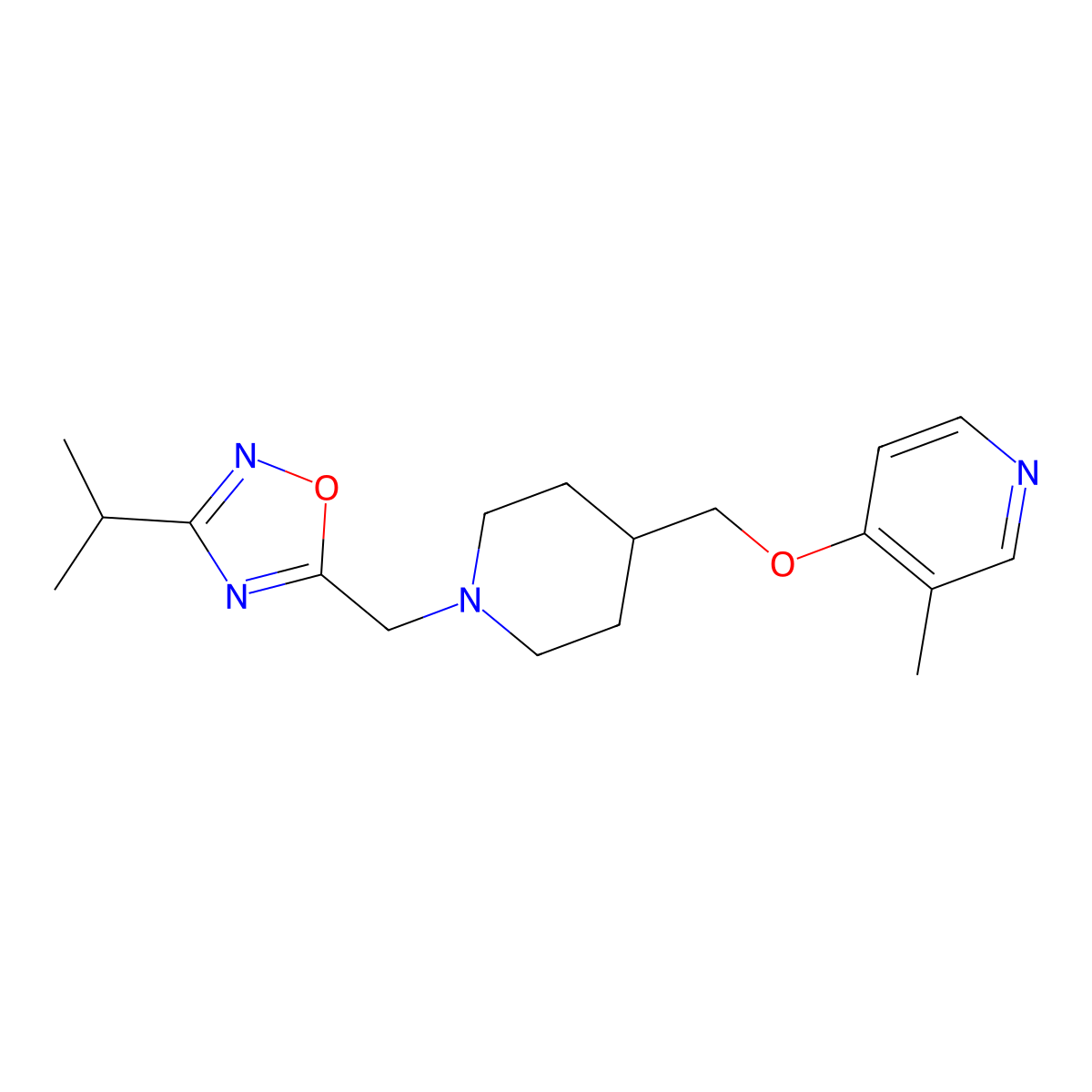 3-Methyl-4-[(1-{[3-(propan-2-yl)-1,2,4-oxadiazol-5-yl]methyl}piperidin-4-yl)methoxy]pyridine molecular structure, CAS 2640861-96-5