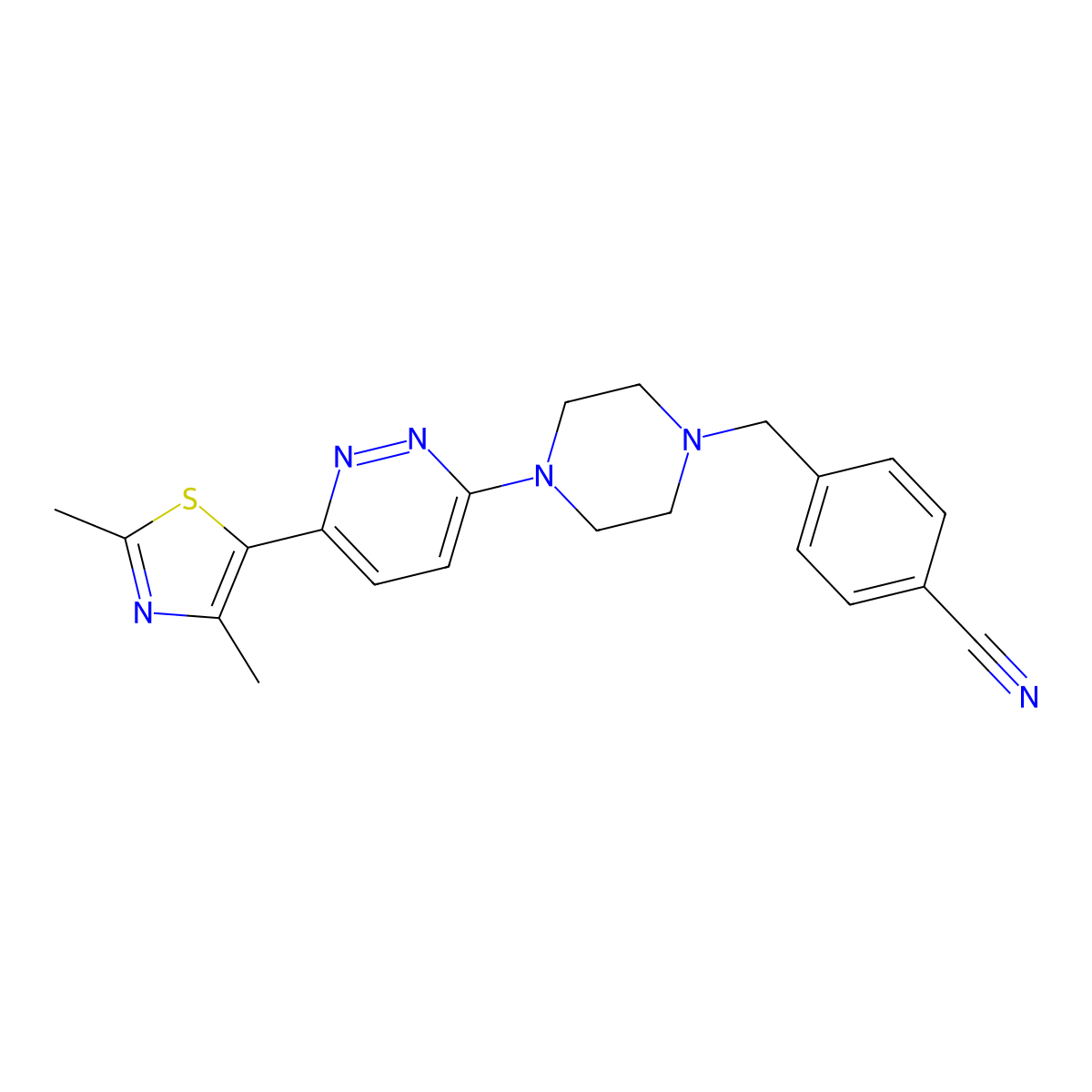 4-({4-[6-(2,4-Dimethyl-1,3-thiazol-5-yl)pyridazin-3-yl]piperazin-1-yl}methyl)benzonitrile molecular structure, CAS 2640861-98-7