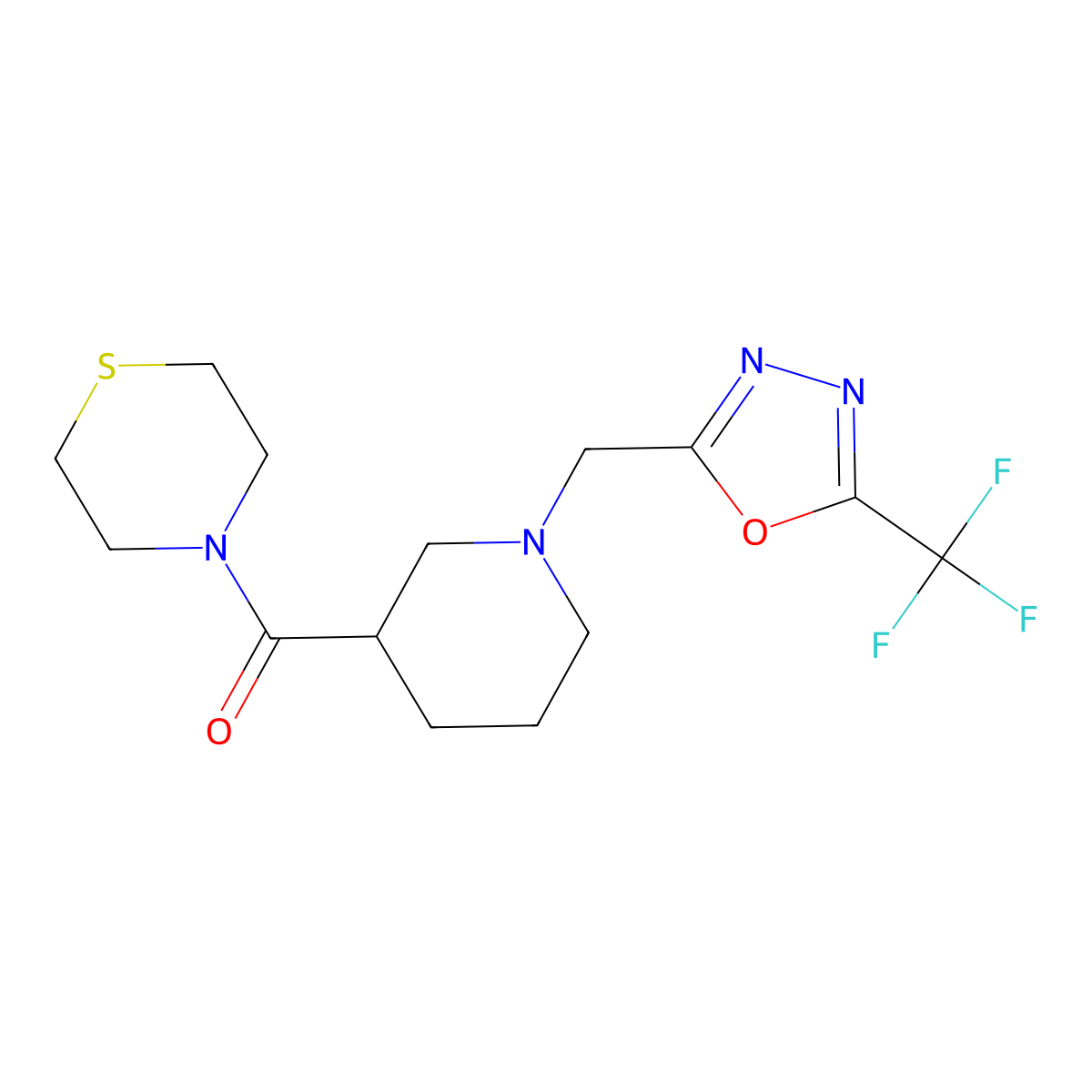 4-(1-{[5-(Trifluoromethyl)-1,3,4-oxadiazol-2-yl]methyl}piperidine-3-carbonyl)thiomorpholine molecular structure, CAS 2640862-02-6
