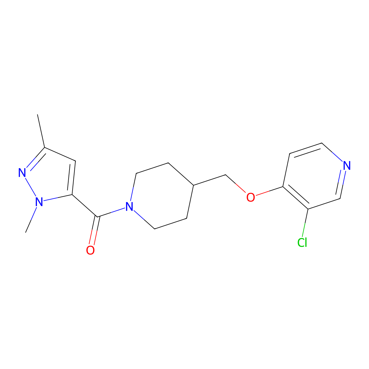 3-chloro-4-{[1-(1,3-dimethyl-1H-pyrazole-5-carbonyl)piperidin-4-yl]methoxy}pyridine molecular structure, CAS 2640862-06-0