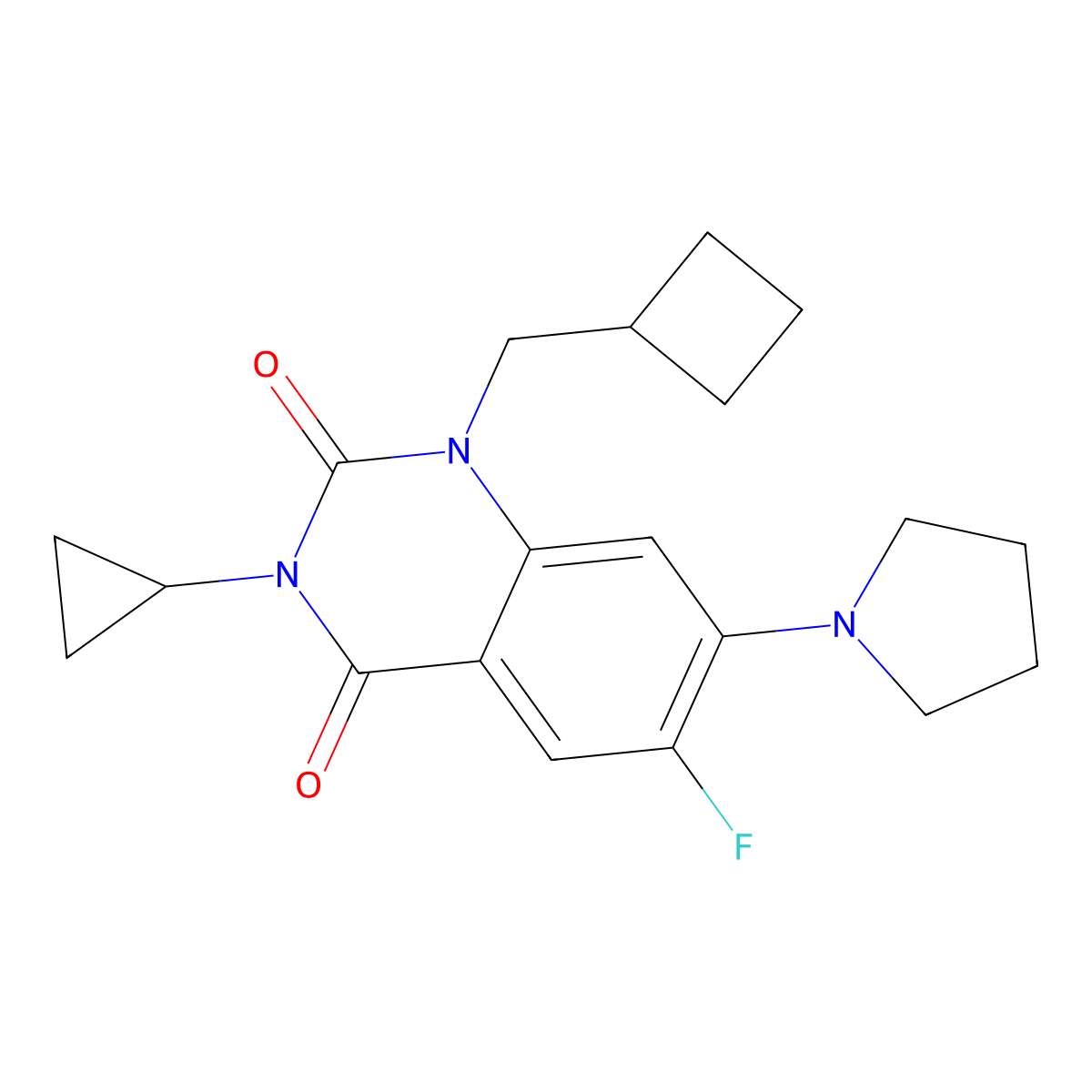 1-(Cyclobutylmethyl)-3-cyclopropyl-6-fluoro-7-(pyrrolidin-1-yl)-1,2,3,4-tetrahydroquinazoline-2,4-dione molecular structure, CAS 2640862-07-1
