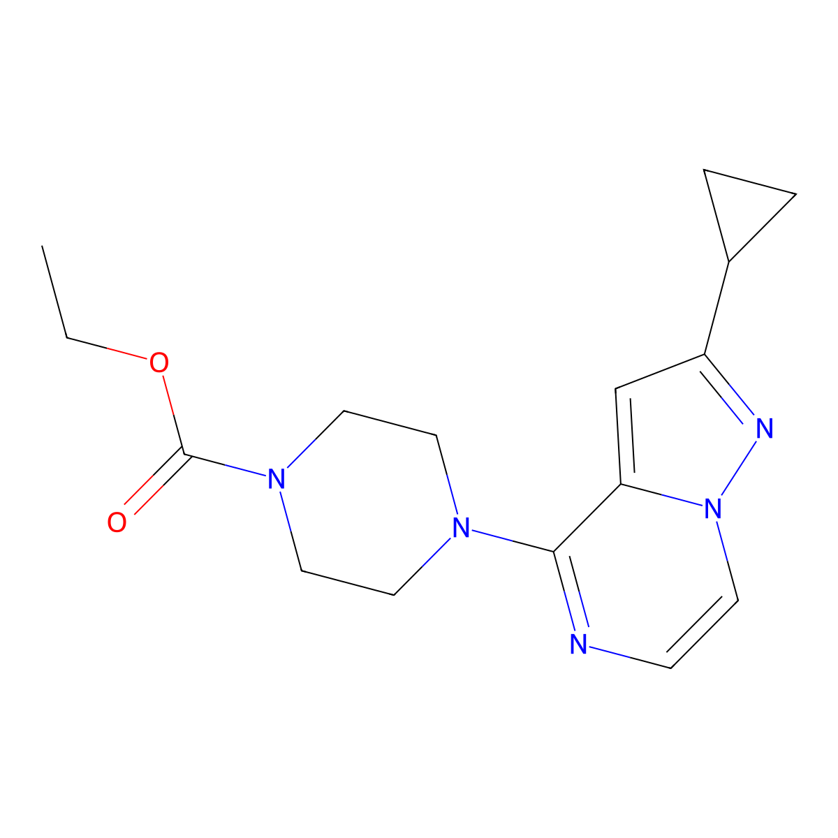 Ethyl 4-{2-cyclopropylpyrazolo[1,5-a]pyrazin-4-yl}piperazine-1-carboxylate molecular structure, CAS 2640862-09-3