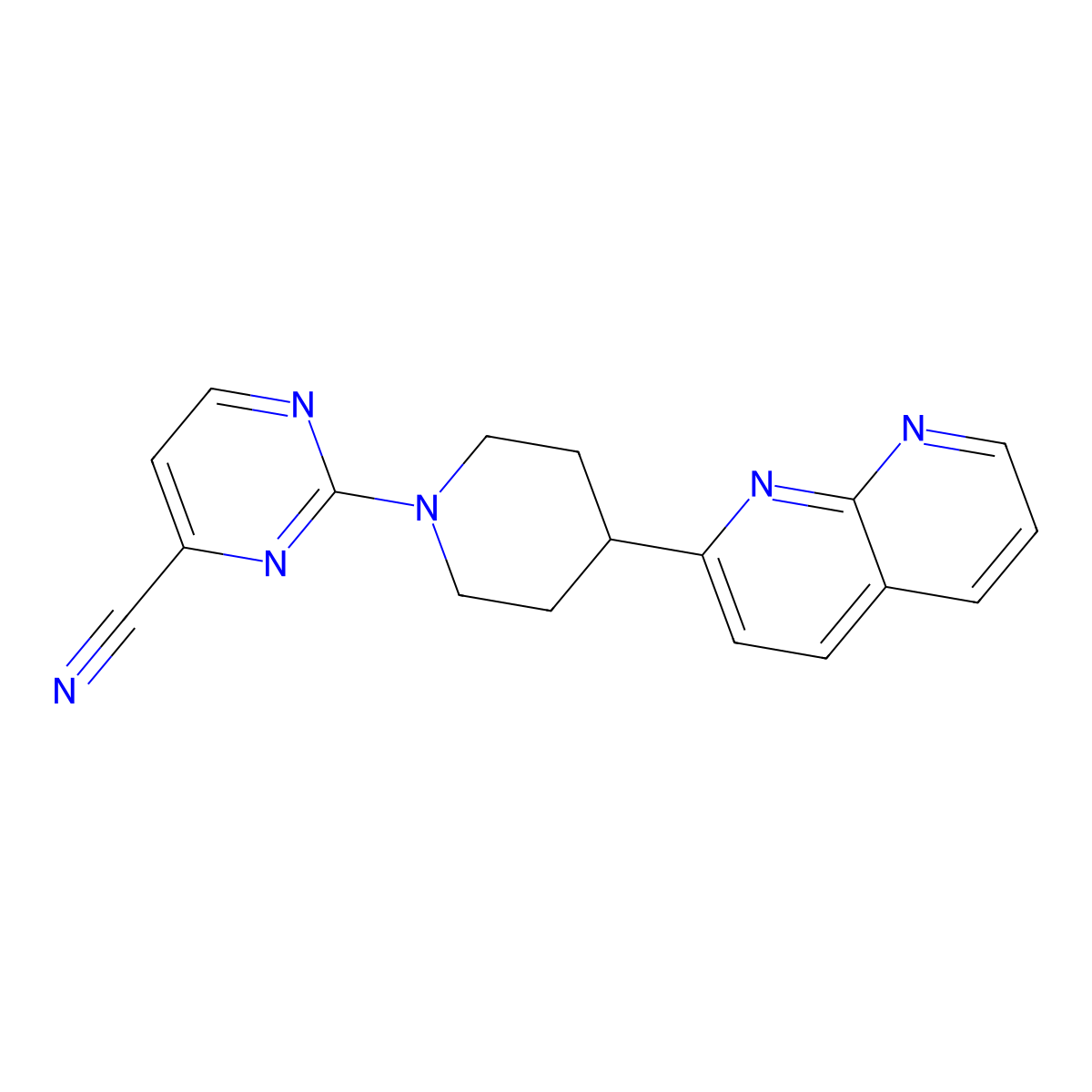 2-[4-(1,8-Naphthyridin-2-yl)piperidin-1-yl]pyrimidine-4-carbonitrile molecular structure, CAS 2640862-18-4