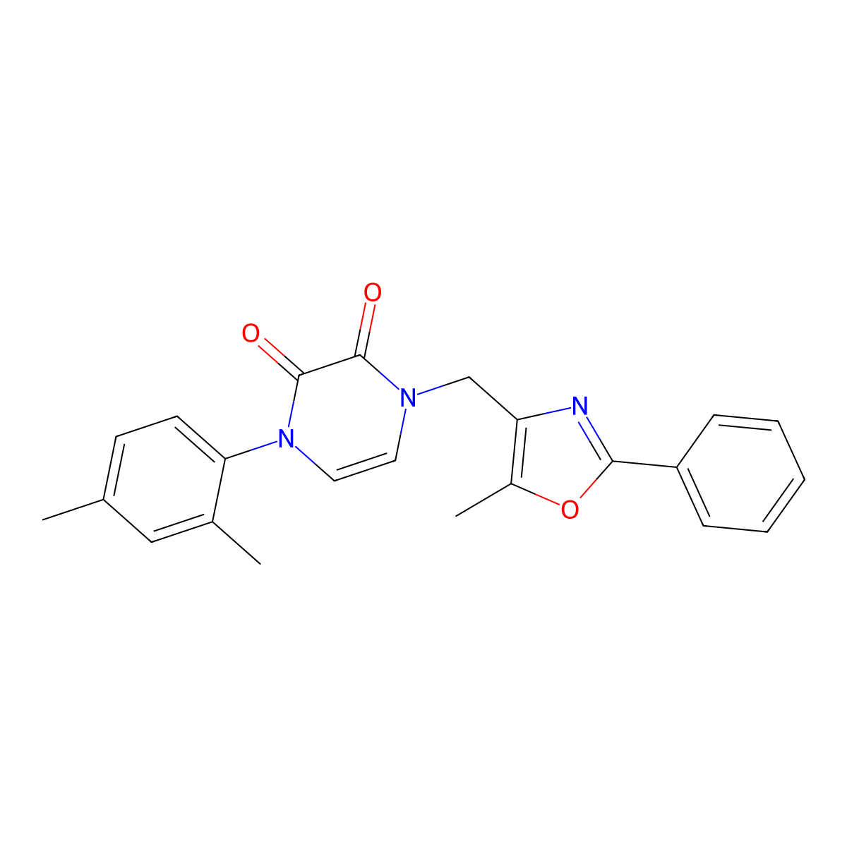 1-(2,4-Dimethylphenyl)-4-[(5-methyl-2-phenyl-1,3-oxazol-4-yl)methyl]-1,2,3,4-tetrahydropyrazine-2,3-dione molecular structure, CAS 2640862-19-5