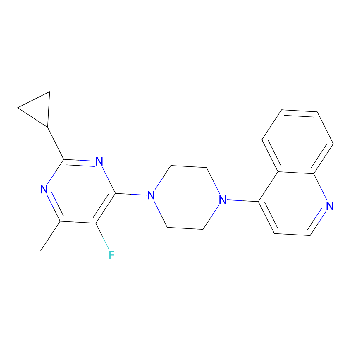 4-[4-(2-Cyclopropyl-5-fluoro-6-methylpyrimidin-4-yl)piperazin-1-yl]quinoline molecular structure, CAS 2640862-28-6