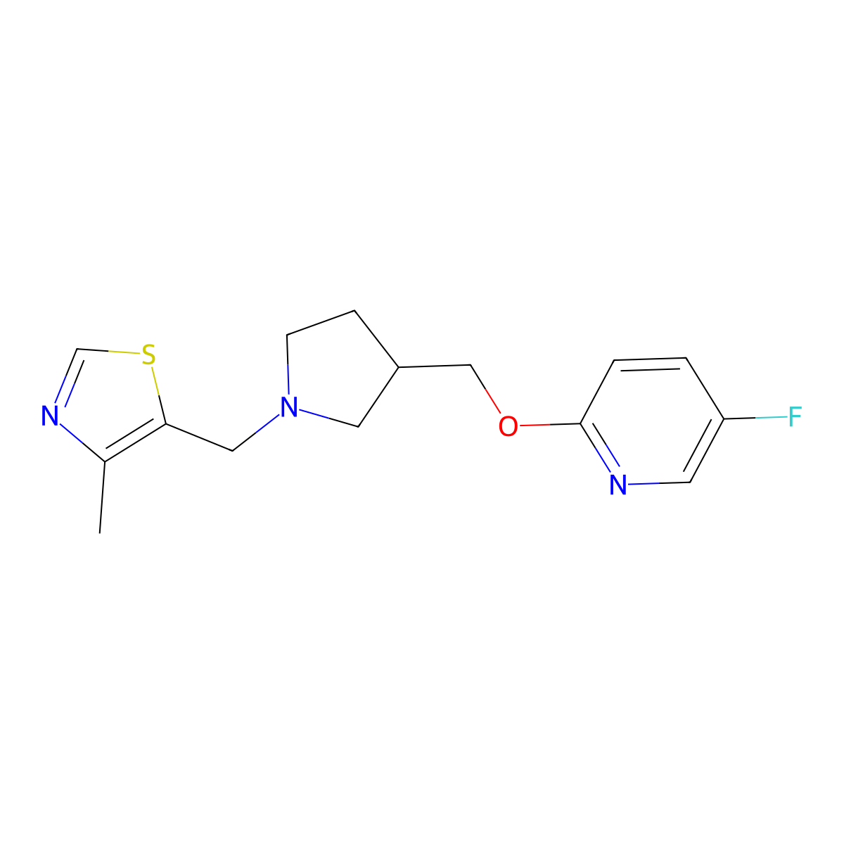 5-Fluoro-2-({1-[(4-methyl-1,3-thiazol-5-yl)methyl]pyrrolidin-3-yl}methoxy)pyridine molecular structure, CAS 2640862-30-0