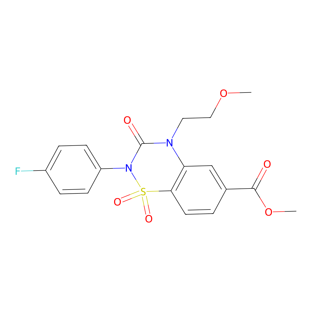 Methyl 2-(4-fluorophenyl)-4-(2-methoxyethyl)-1,1,3-trioxo-1lambda6,2,4-benzothiadiazine-6-carboxylate molecular structure, CAS 2640862-36-6