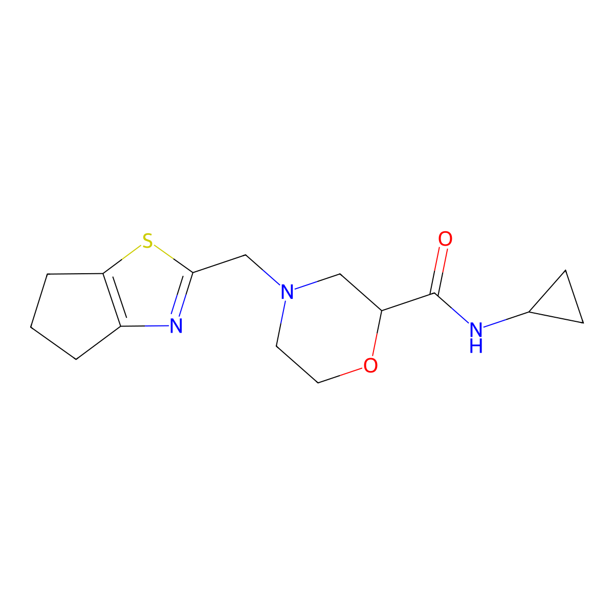 4-({4H,5H,6H-cyclopenta[d][1,3]thiazol-2-yl}methyl)-N-cyclopropylmorpholine-2-carboxamide molecular structure, CAS 2640862-44-6
