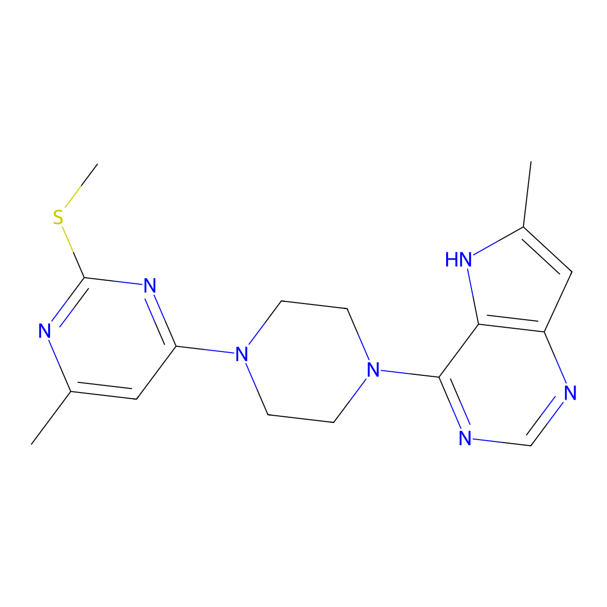 4-methyl-6-(4-{6-methyl-5H-pyrrolo[3,2-d]pyrimidin-4-yl}piperazin-1-yl)-2-(methylsulfanyl)pyrimidine molecular structure, CAS 2640862-46-8