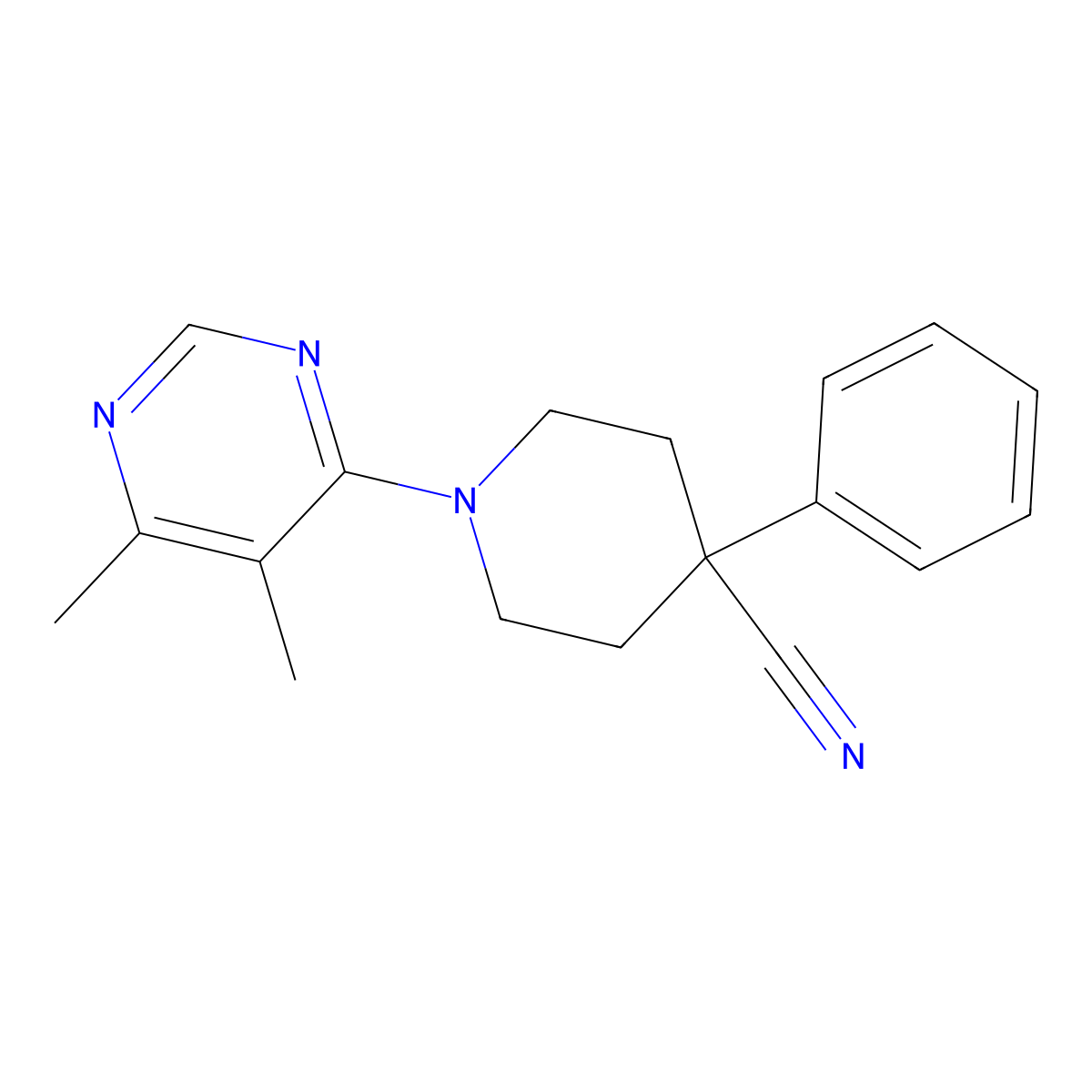 1-(5,6-Dimethylpyrimidin-4-yl)-4-phenylpiperidine-4-carbonitrile molecular structure, CAS 2640862-49-1