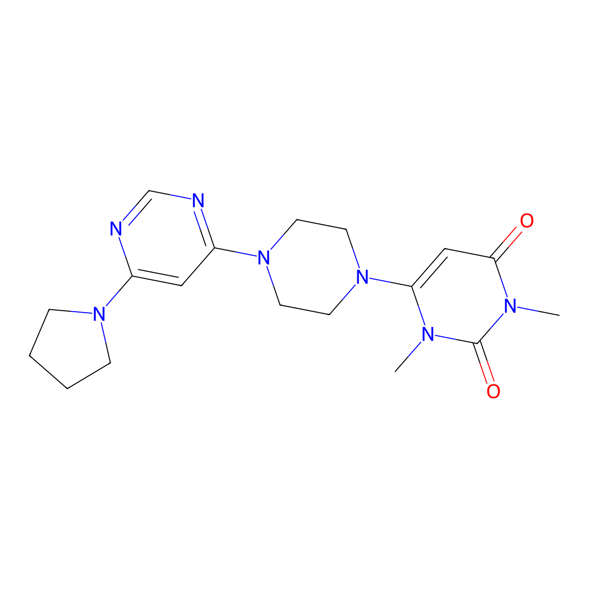 1,3-Dimethyl-6-{4-[6-(pyrrolidin-1-yl)pyrimidin-4-yl]piperazin-1-yl}-1,2,3,4-tetrahydropyrimidine-2,4-dione molecular structure, CAS 2640862-54-8
