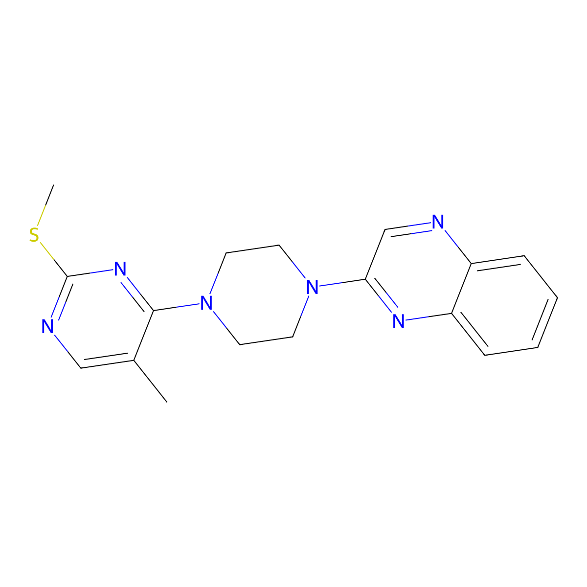 2-{4-[5-Methyl-2-(methylsulfanyl)pyrimidin-4-yl]piperazin-1-yl}quinoxaline molecular structure, CAS 2640862-64-0