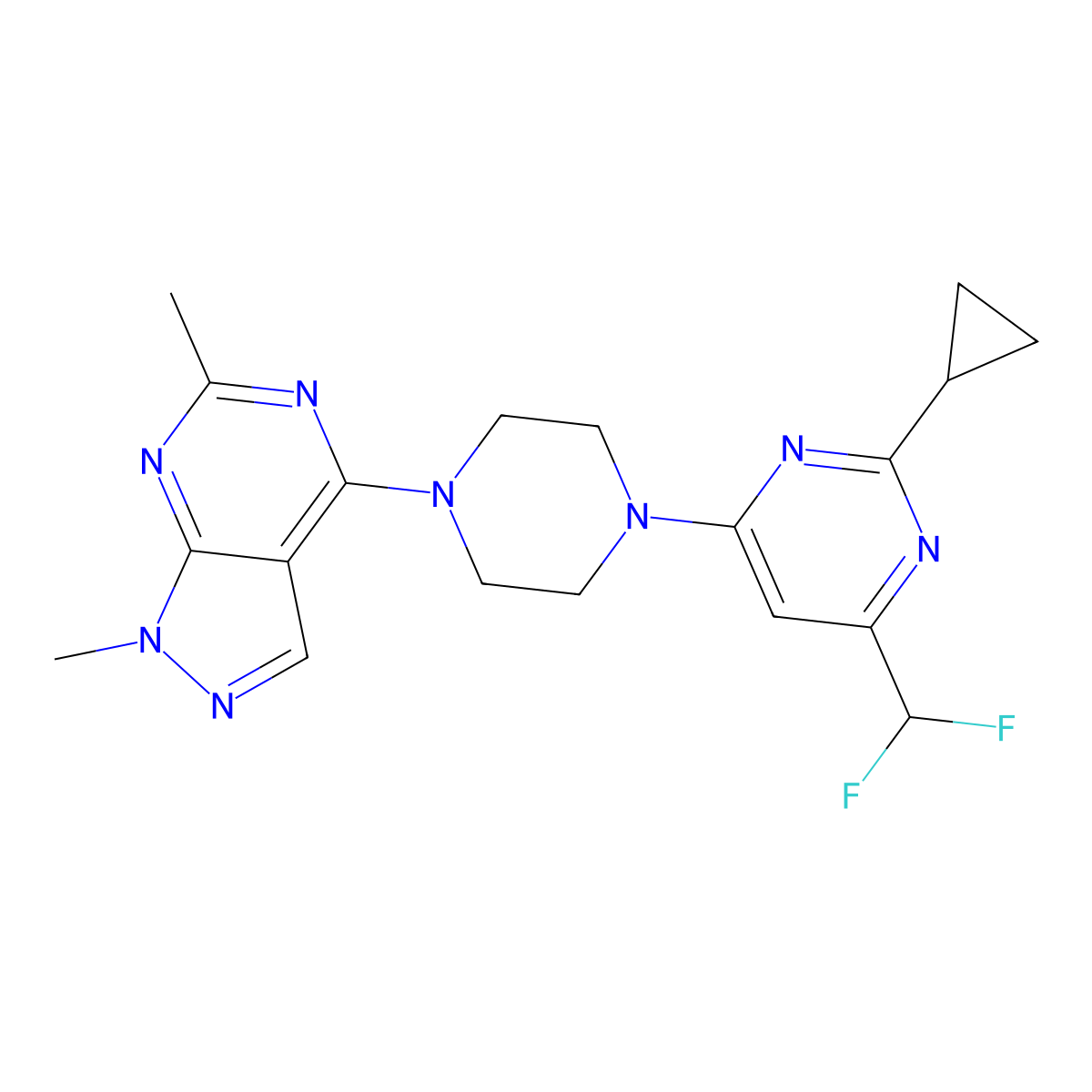 2-cyclopropyl-4-(difluoromethyl)-6-(4-{1,6-dimethyl-1H-pyrazolo[3,4-d]pyrimidin-4-yl}piperazin-1-yl)pyrimidine molecular structure, CAS 2640862-77-5