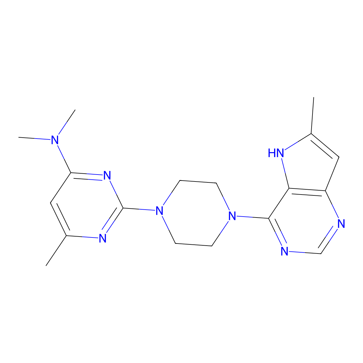 N,N,6-trimethyl-2-(4-{6-methyl-5H-pyrrolo[3,2-d]pyrimidin-4-yl}piperazin-1-yl)pyrimidin-4-amine molecular structure, CAS 2640862-89-9