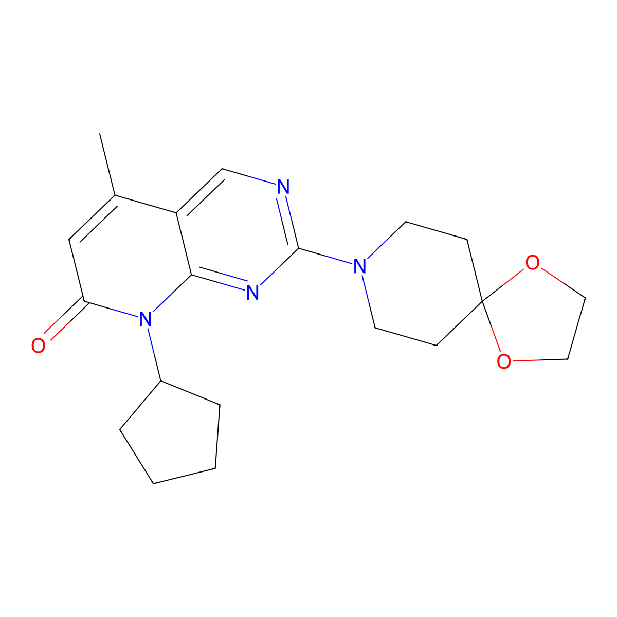 8-cyclopentyl-2-{1,4-dioxa-8-azaspiro[4.5]decan-8-yl}-5-methyl-7H,8H-pyrido[2,3-d]pyrimidin-7-one molecular structure, CAS 2640862-93-5