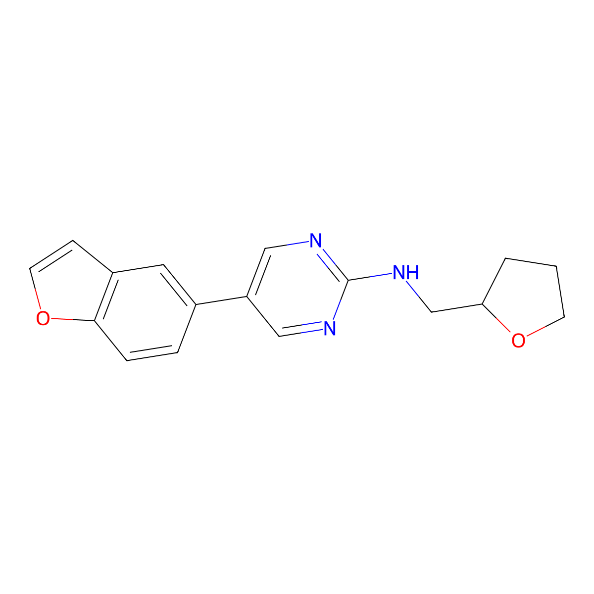 5-(1-benzofuran-5-yl)-N-[(oxolan-2-yl)methyl]pyrimidin-2-amine molecular structure, CAS 2640863-04-1