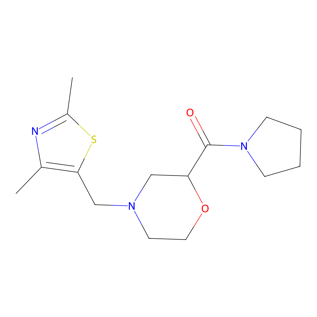 4-[(2,4-Dimethyl-1,3-thiazol-5-yl)methyl]-2-(pyrrolidine-1-carbonyl)morpholine molecular structure, CAS 2640863-06-3