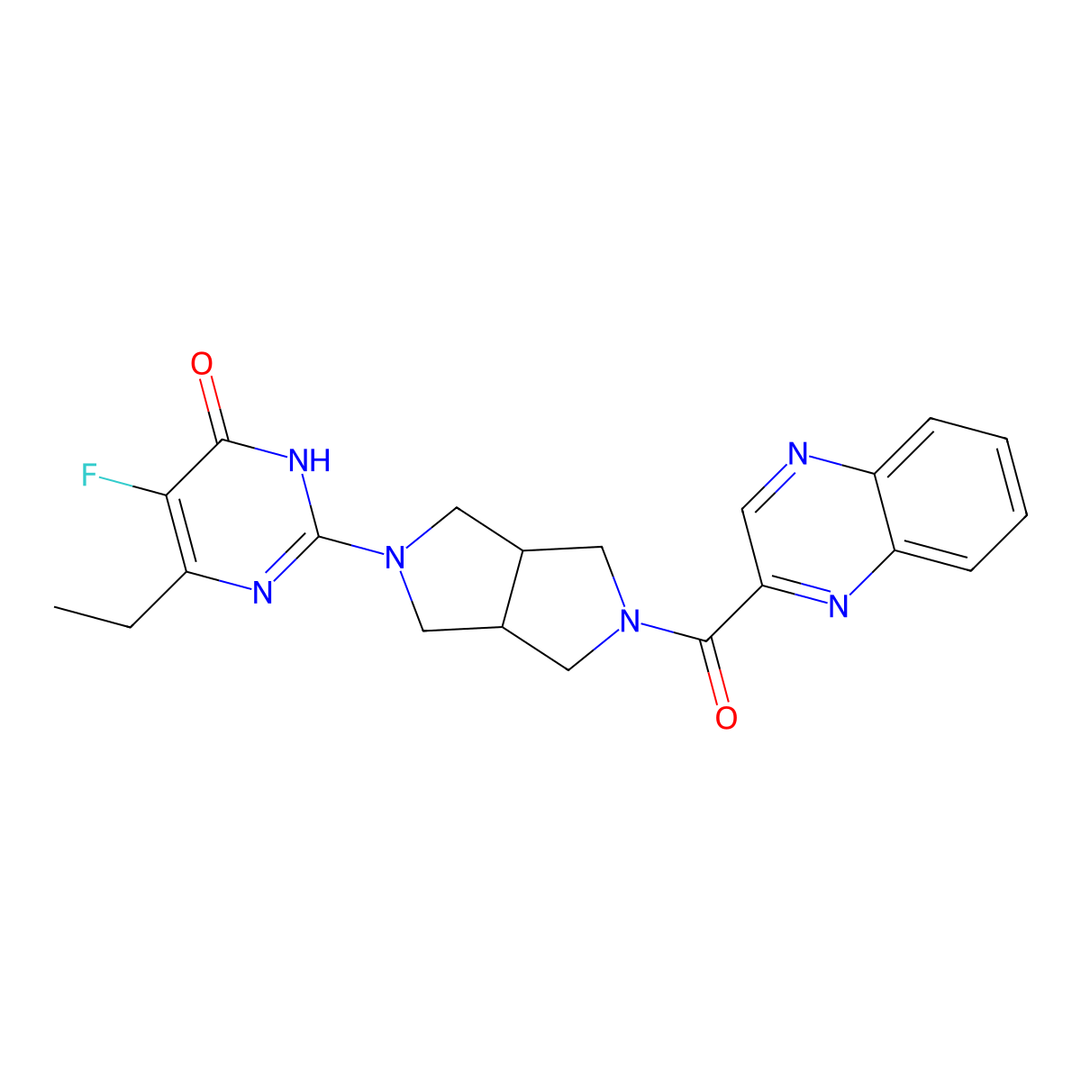 6-Ethyl-5-fluoro-2-[5-(quinoxaline-2-carbonyl)-octahydropyrrolo[3,4-c]pyrrol-2-yl]-3,4-dihydropyrimidin-4-one molecular structure, CAS 2640863-14-3
