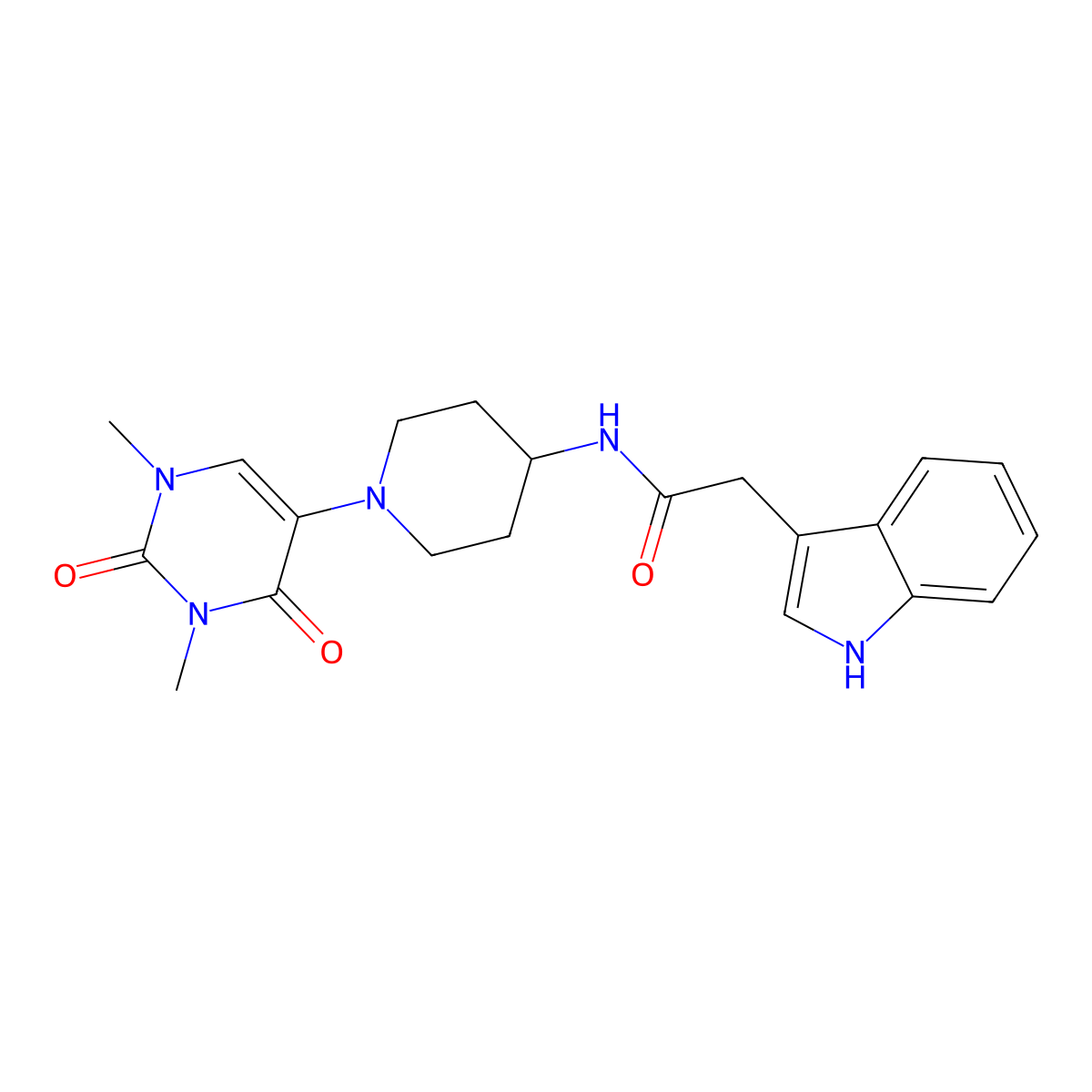 N-[1-(1,3-dimethyl-2,4-dioxo-1,2,3,4-tetrahydropyrimidin-5-yl)piperidin-4-yl]-2-(1H-indol-3-yl)acetamide molecular structure, CAS 2640863-22-3