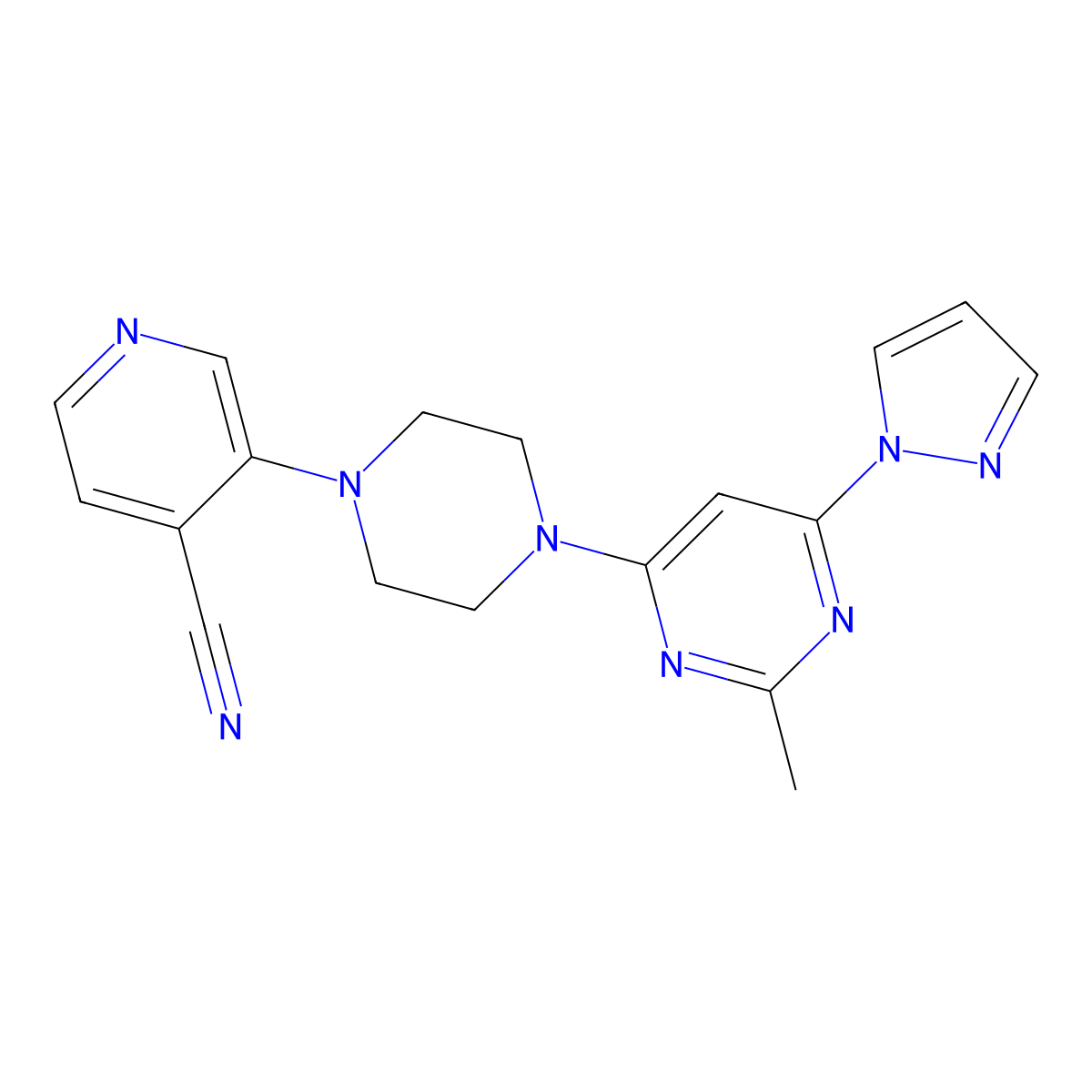 3-{4-[2-methyl-6-(1H-pyrazol-1-yl)pyrimidin-4-yl]piperazin-1-yl}pyridine-4-carbonitrile molecular structure, CAS 2640863-24-5