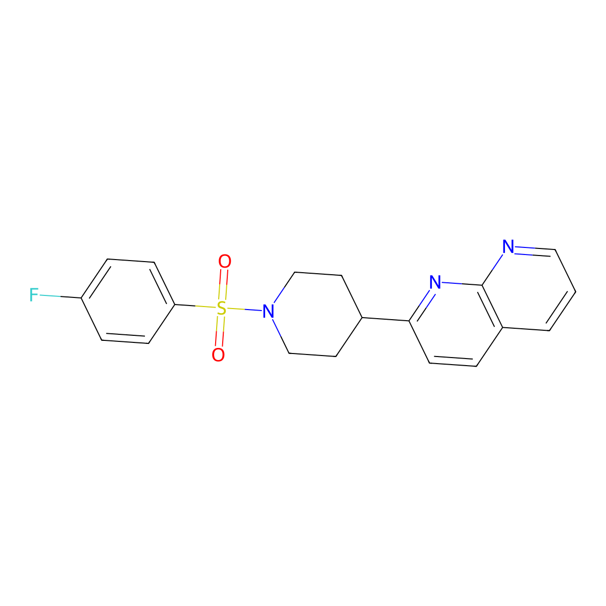 2-[1-(4-Fluorobenzenesulfonyl)piperidin-4-yl]-1,8-naphthyridine molecular structure, CAS 2640863-26-7