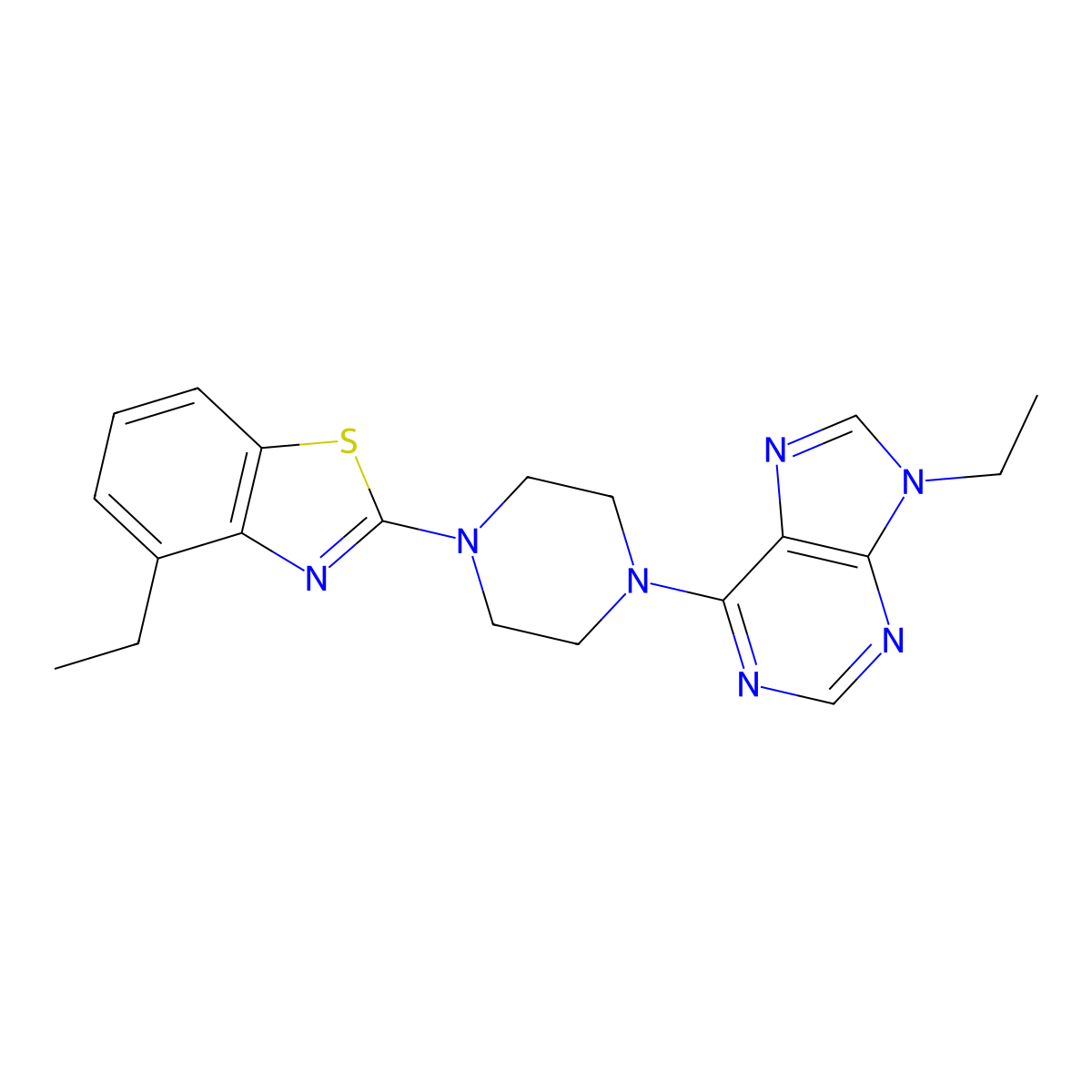 9-ethyl-6-[4-(4-ethyl-1,3-benzothiazol-2-yl)piperazin-1-yl]-9H-purine molecular structure, CAS 2640863-33-6