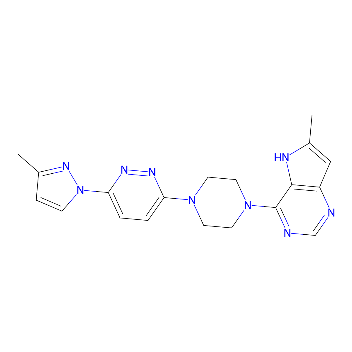 3-(3-methyl-1H-pyrazol-1-yl)-6-(4-{6-methyl-5H-pyrrolo[3,2-d]pyrimidin-4-yl}piperazin-1-yl)pyridazine molecular structure, CAS 2640863-35-8