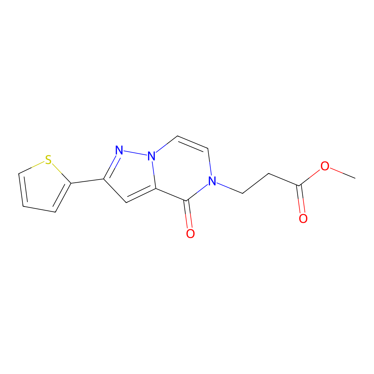 methyl 3-[4-oxo-2-(thiophen-2-yl)-4H,5H-pyrazolo[1,5-a]pyrazin-5-yl]propanoate molecular structure, CAS 2640863-36-9