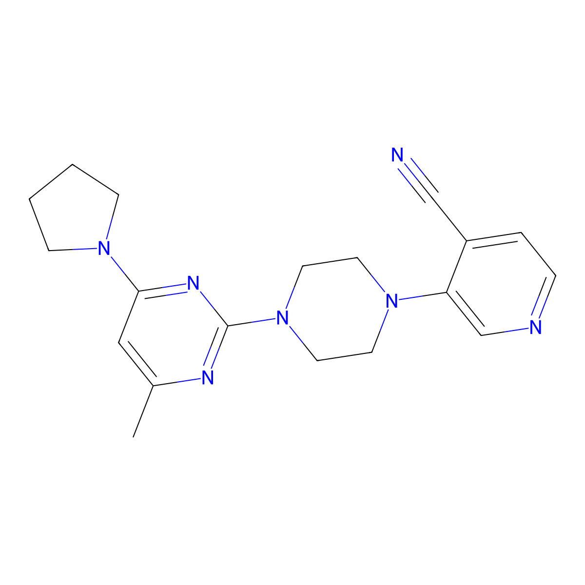 3-{4-[4-Methyl-6-(pyrrolidin-1-yl)pyrimidin-2-yl]piperazin-1-yl}pyridine-4-carbonitrile molecular structure, CAS 2640863-40-5