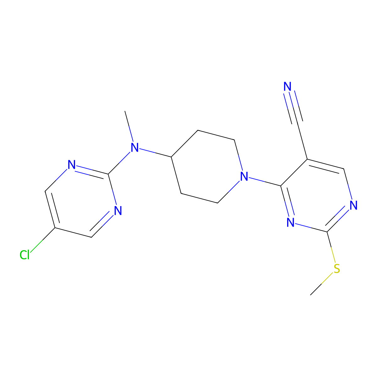 4-{4-[(5-Chloropyrimidin-2-yl)(methyl)amino]piperidin-1-yl}-2-(methylsulfanyl)pyrimidine-5-carbonitrile molecular structure, CAS 2640863-41-6