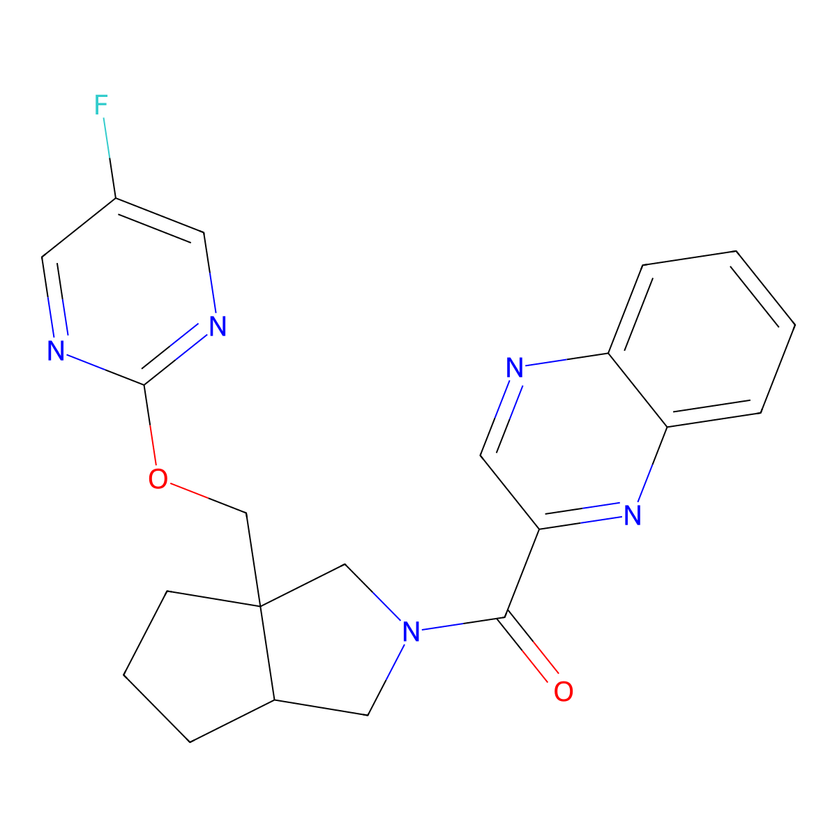2-(3a-{[(5-Fluoropyrimidin-2-yl)oxy]methyl}-octahydrocyclopenta[c]pyrrole-2-carbonyl)quinoxaline molecular structure, CAS 2640863-42-7