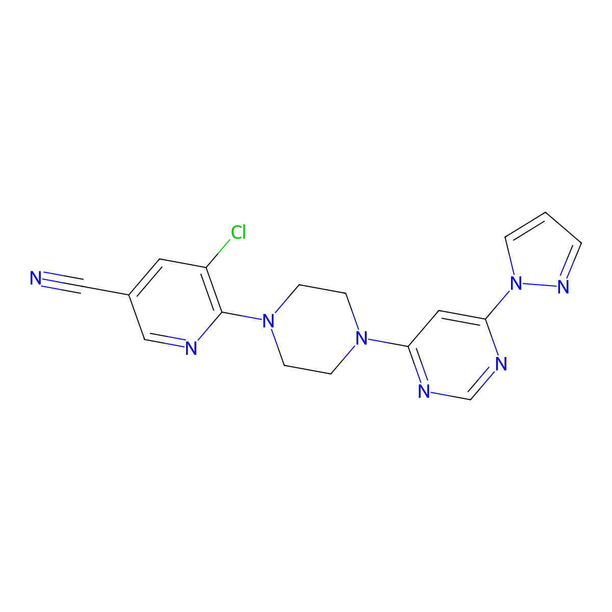 5-chloro-6-{4-[6-(1H-pyrazol-1-yl)pyrimidin-4-yl]piperazin-1-yl}pyridine-3-carbonitrile molecular structure, CAS 2640863-44-9