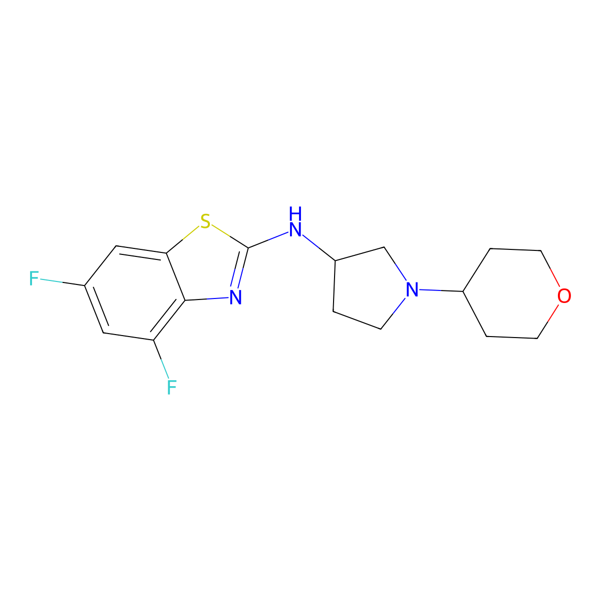 4,6-difluoro-N-[1-(oxan-4-yl)pyrrolidin-3-yl]-1,3-benzothiazol-2-amine molecular structure, CAS 2640863-45-0
