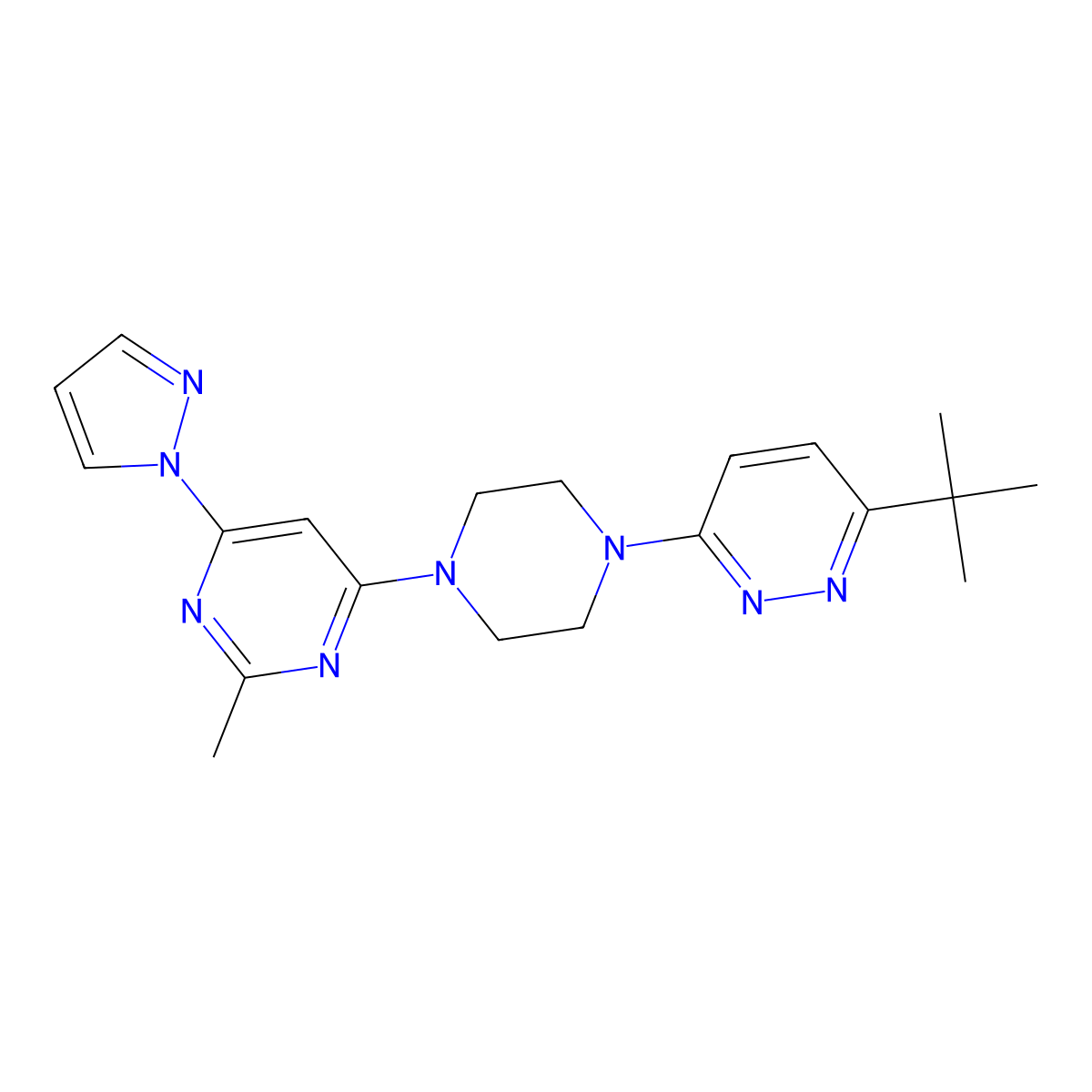 4-[4-(6-tert-butylpyridazin-3-yl)piperazin-1-yl]-2-methyl-6-(1H-pyrazol-1-yl)pyrimidine molecular structure, CAS 2640863-51-8