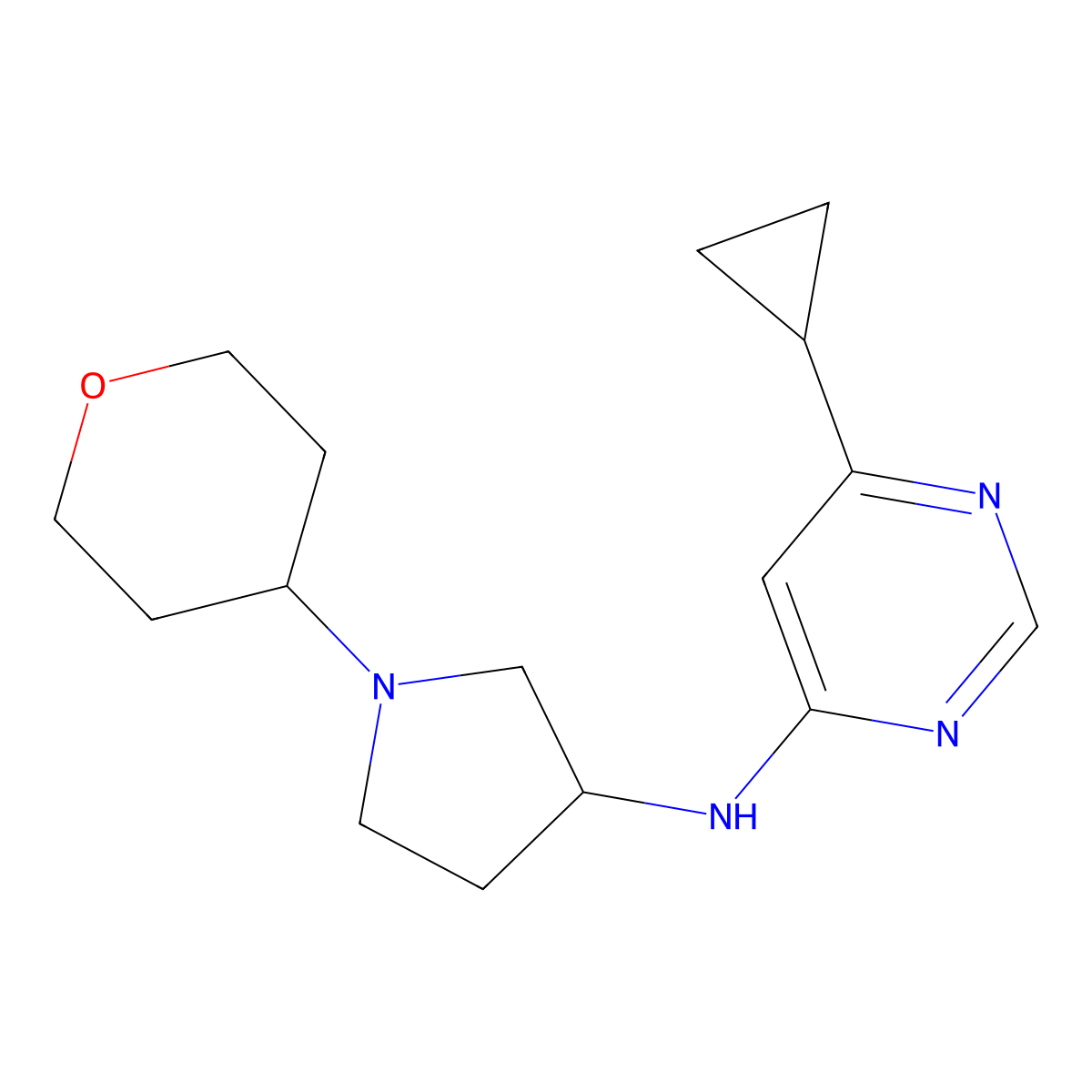 6-cyclopropyl-N-[1-(oxan-4-yl)pyrrolidin-3-yl]pyrimidin-4-amine molecular structure, CAS 2640863-64-3