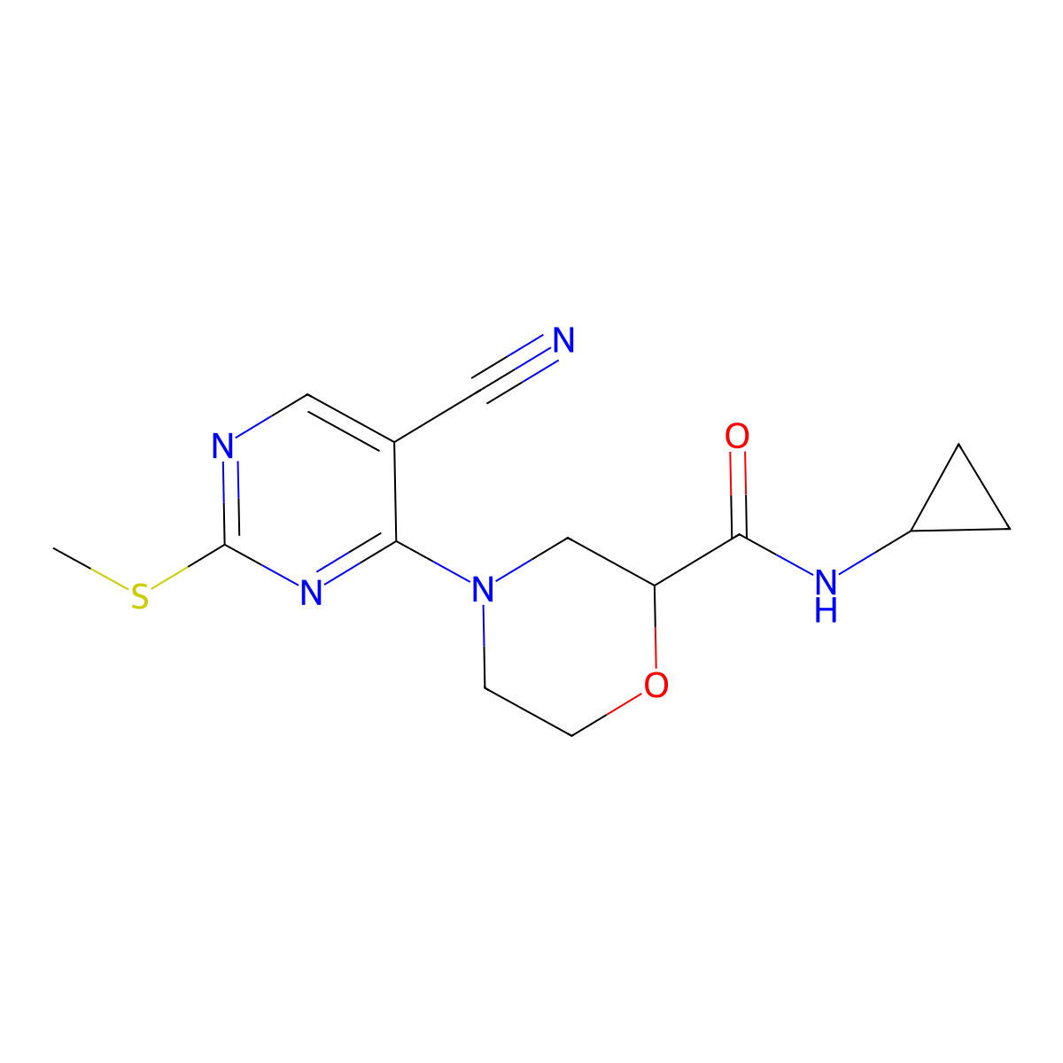 4-[5-cyano-2-(methylsulfanyl)pyrimidin-4-yl]-N-cyclopropylmorpholine-2-carboxamide molecular structure, CAS 2640863-73-4