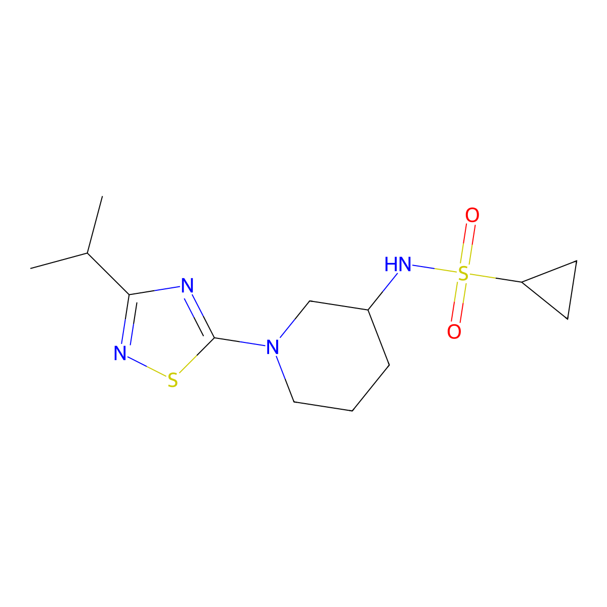 N-{1-[3-(propan-2-yl)-1,2,4-thiadiazol-5-yl]piperidin-3-yl}cyclopropanesulfonamide molecular structure, CAS 2640863-76-7
