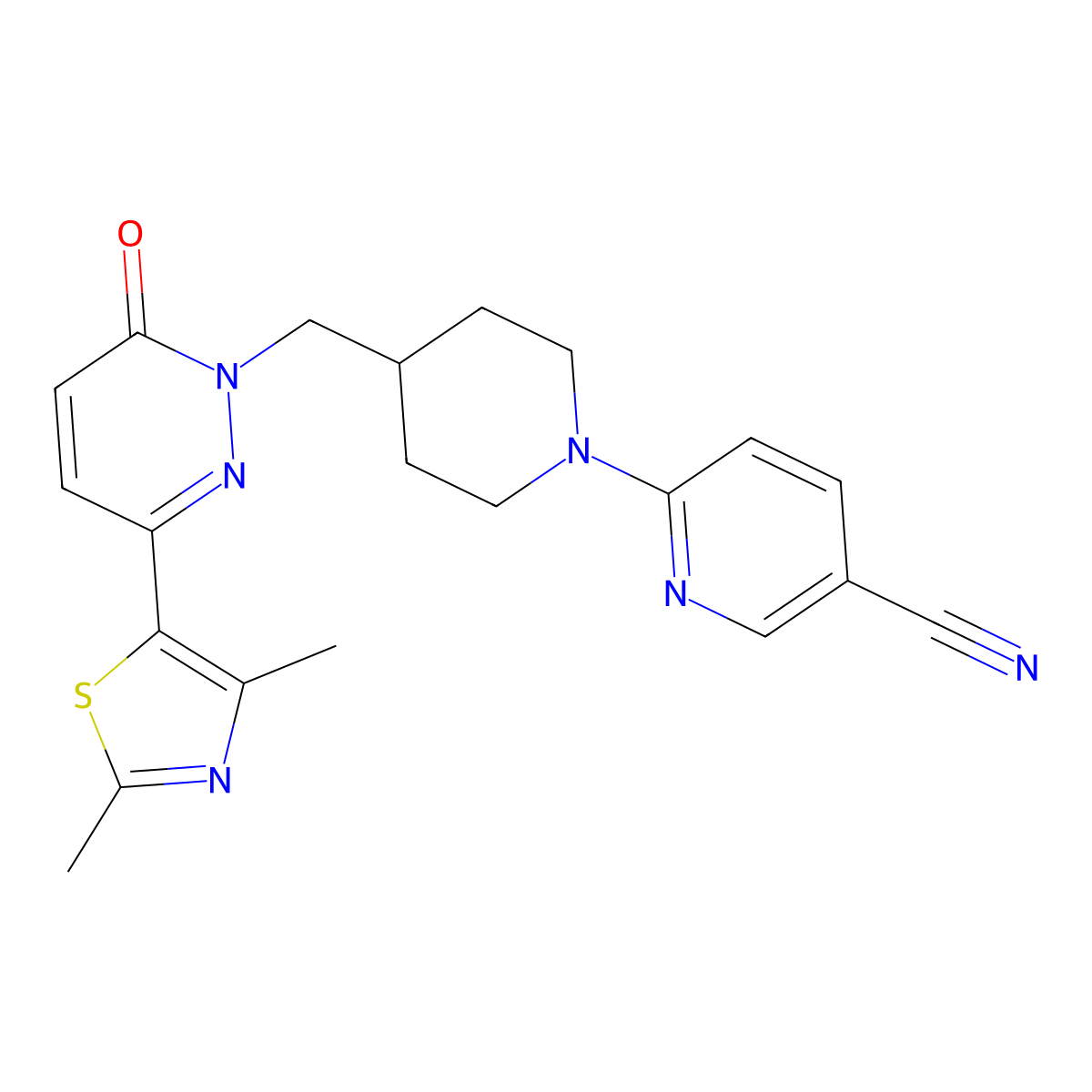 6-(4-{[3-(2,4-Dimethyl-1,3-thiazol-5-yl)-6-oxo-1,6-dihydropyridazin-1-yl]methyl}piperidin-1-yl)pyridine-3-carbonitrile molecular structure, CAS 2640863-78-9