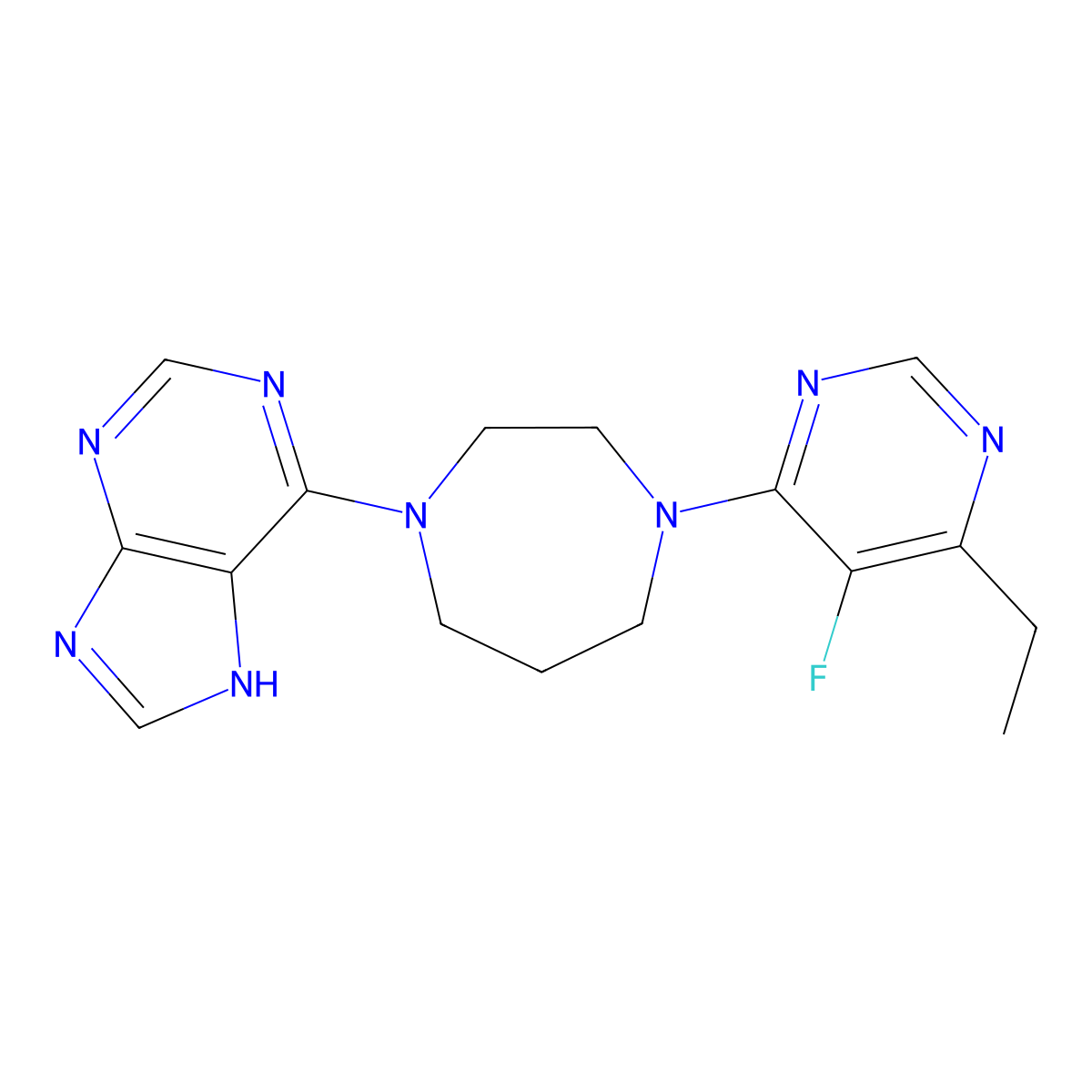 6-[4-(6-ethyl-5-fluoropyrimidin-4-yl)-1,4-diazepan-1-yl]-9H-purine molecular structure, CAS 2640863-79-0