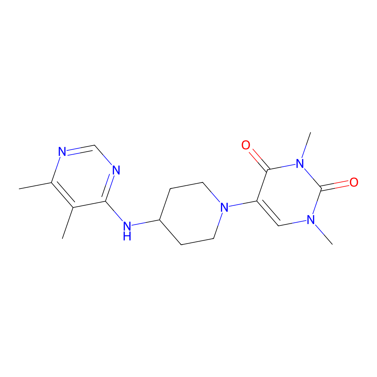 5-{4-[(5,6-Dimethylpyrimidin-4-yl)amino]piperidin-1-yl}-1,3-dimethyl-1,2,3,4-tetrahydropyrimidine-2,4-dione molecular structure, CAS 2640863-83-6